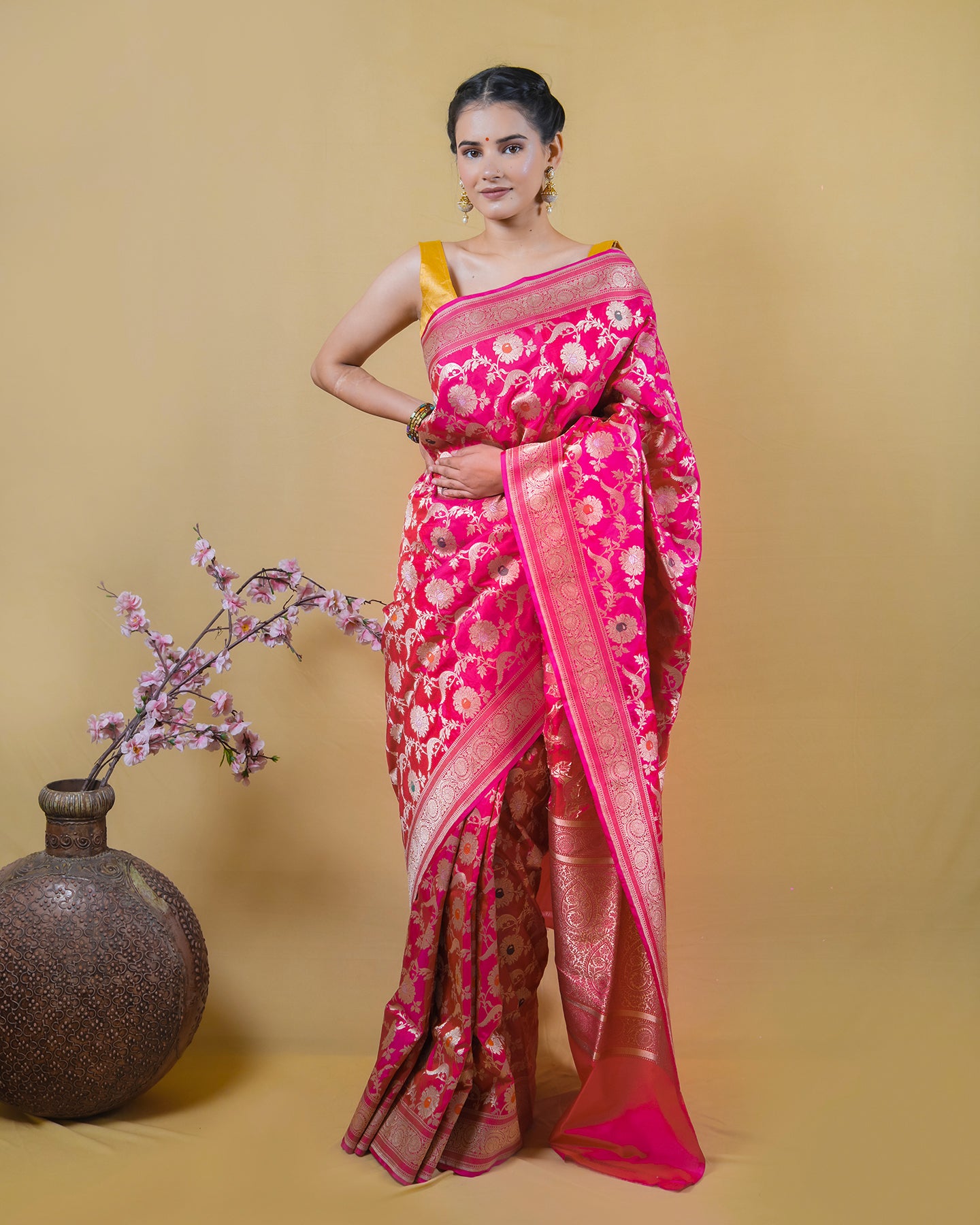 Rani Pink Uppada Floral Meenadar Katan Banarasi Silk Saree