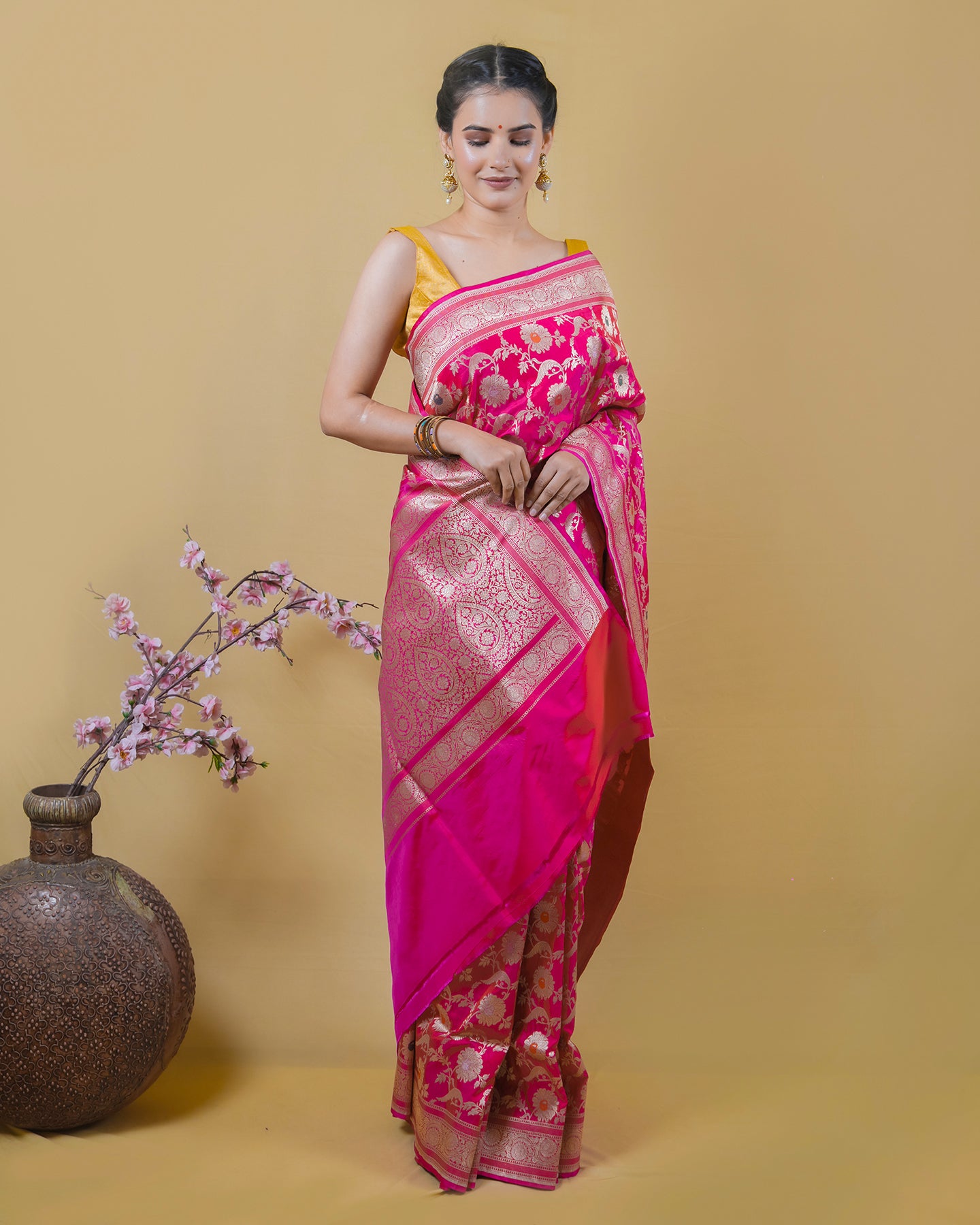 Rani Pink Uppada Floral Meenadar Katan Banarasi Silk Saree