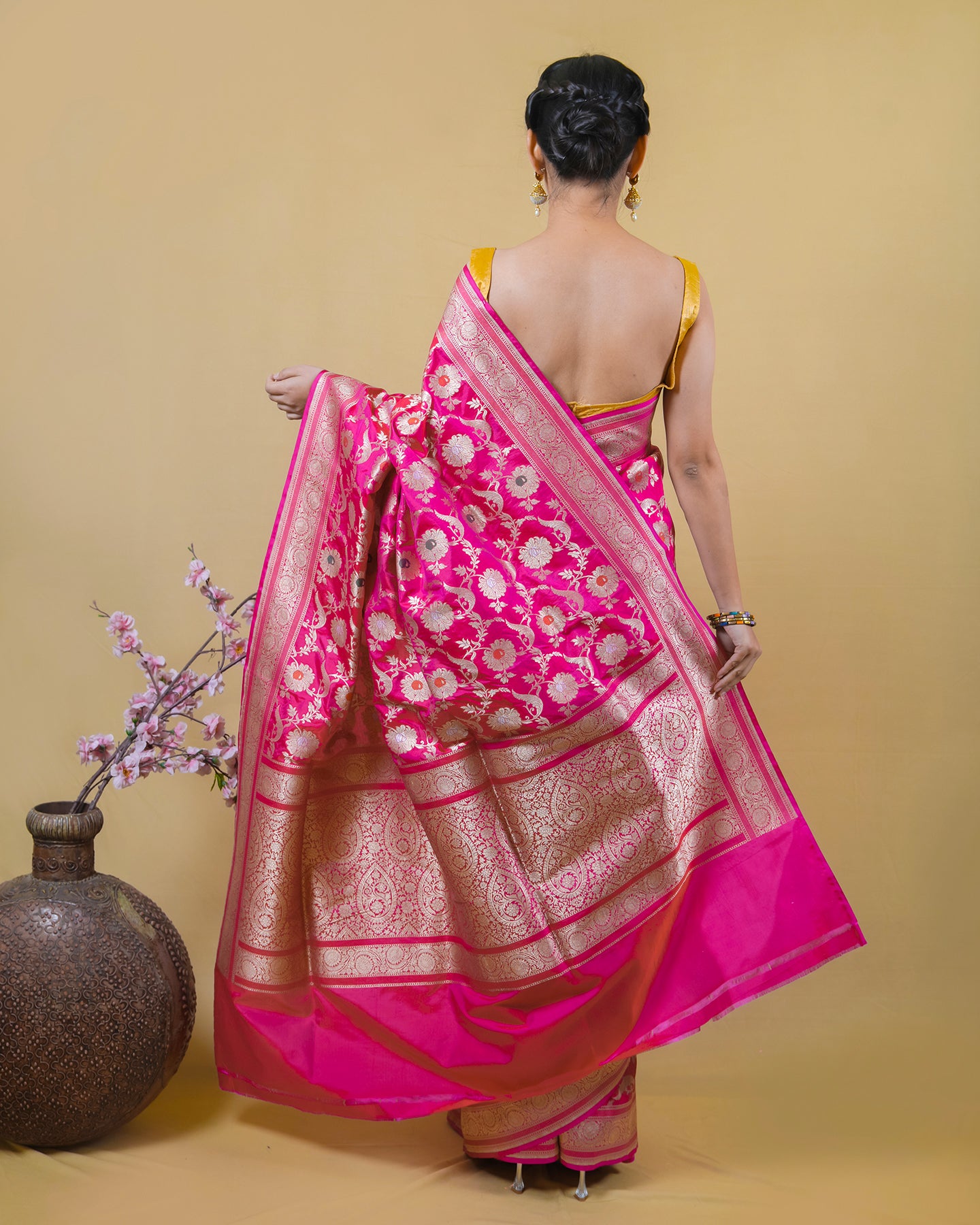 Rani Pink Uppada Floral Meenadar Katan Banarasi Silk Saree