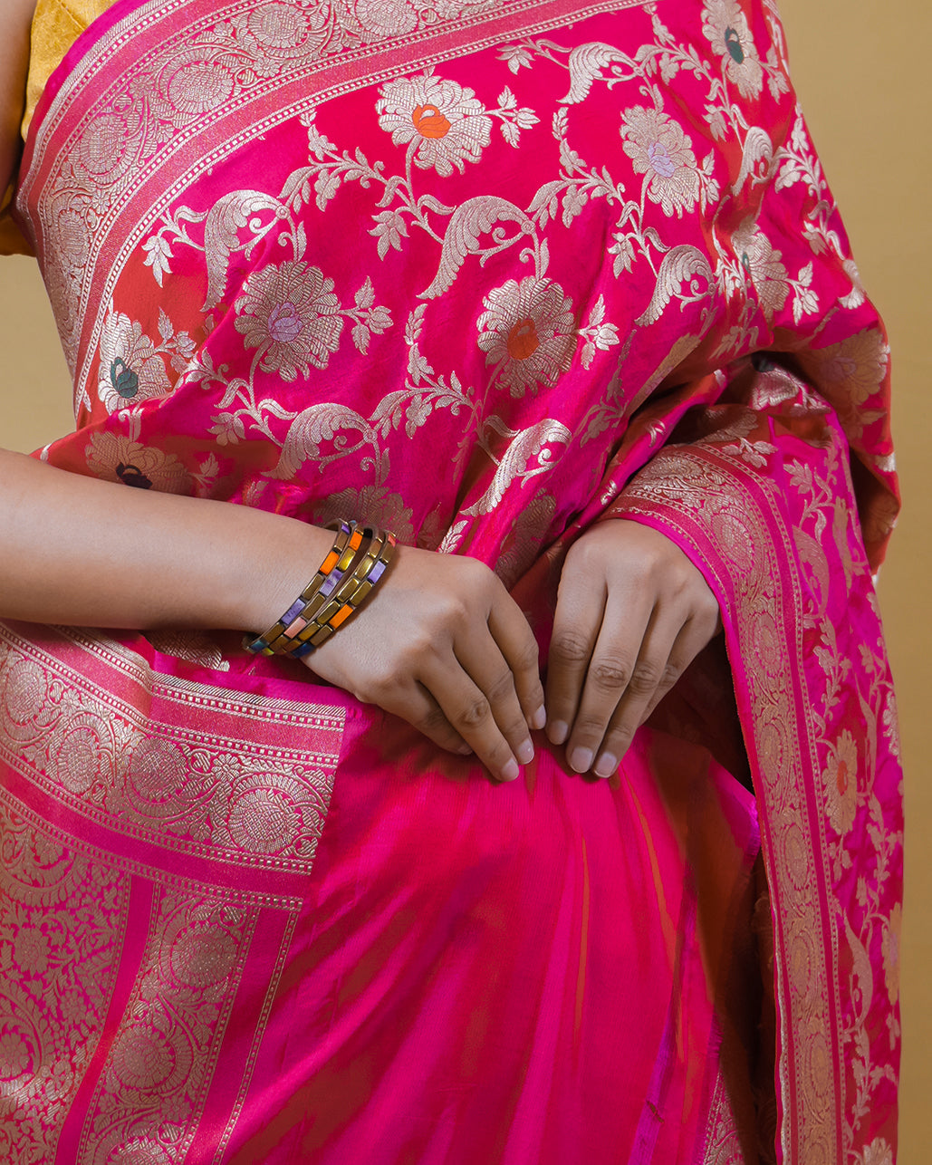 Rani Pink Uppada Floral Meenadar Katan Banarasi Silk Saree