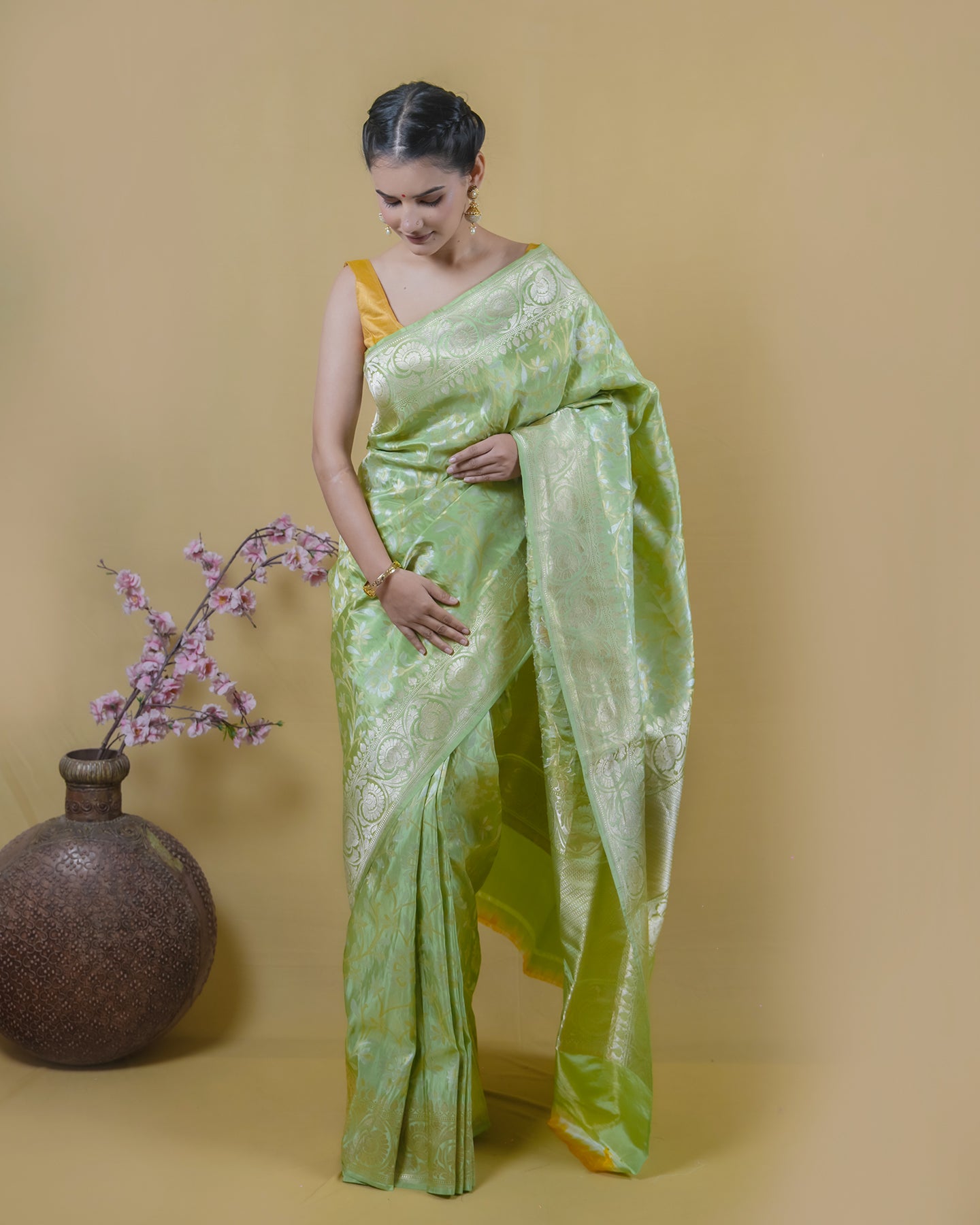 Pista green Tissue Katan silk banarasi saree