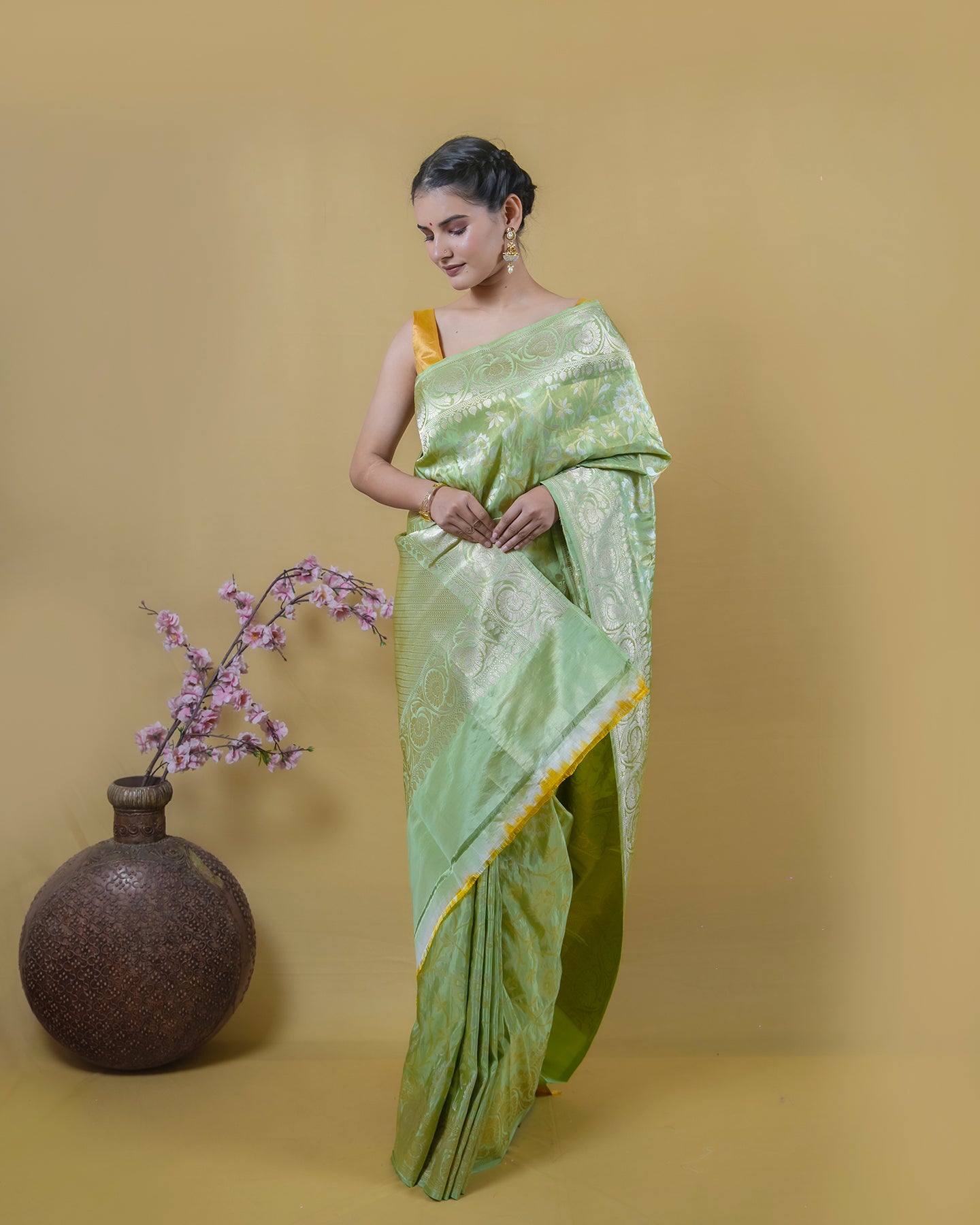 Pista green Tissue Katan silk banarasi saree