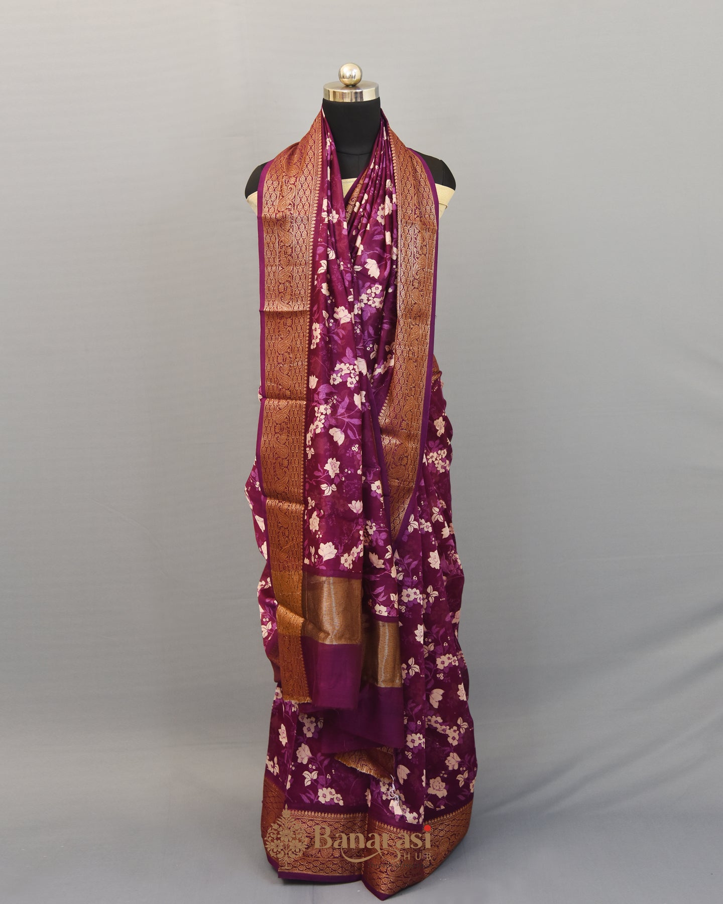 Purple Floral Printed Chanderi Silk Saree