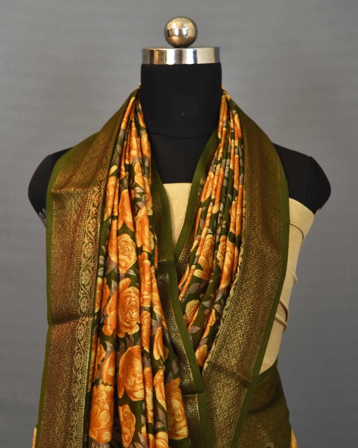 Mustard Green Floral Printed Chanderi Silk Saree