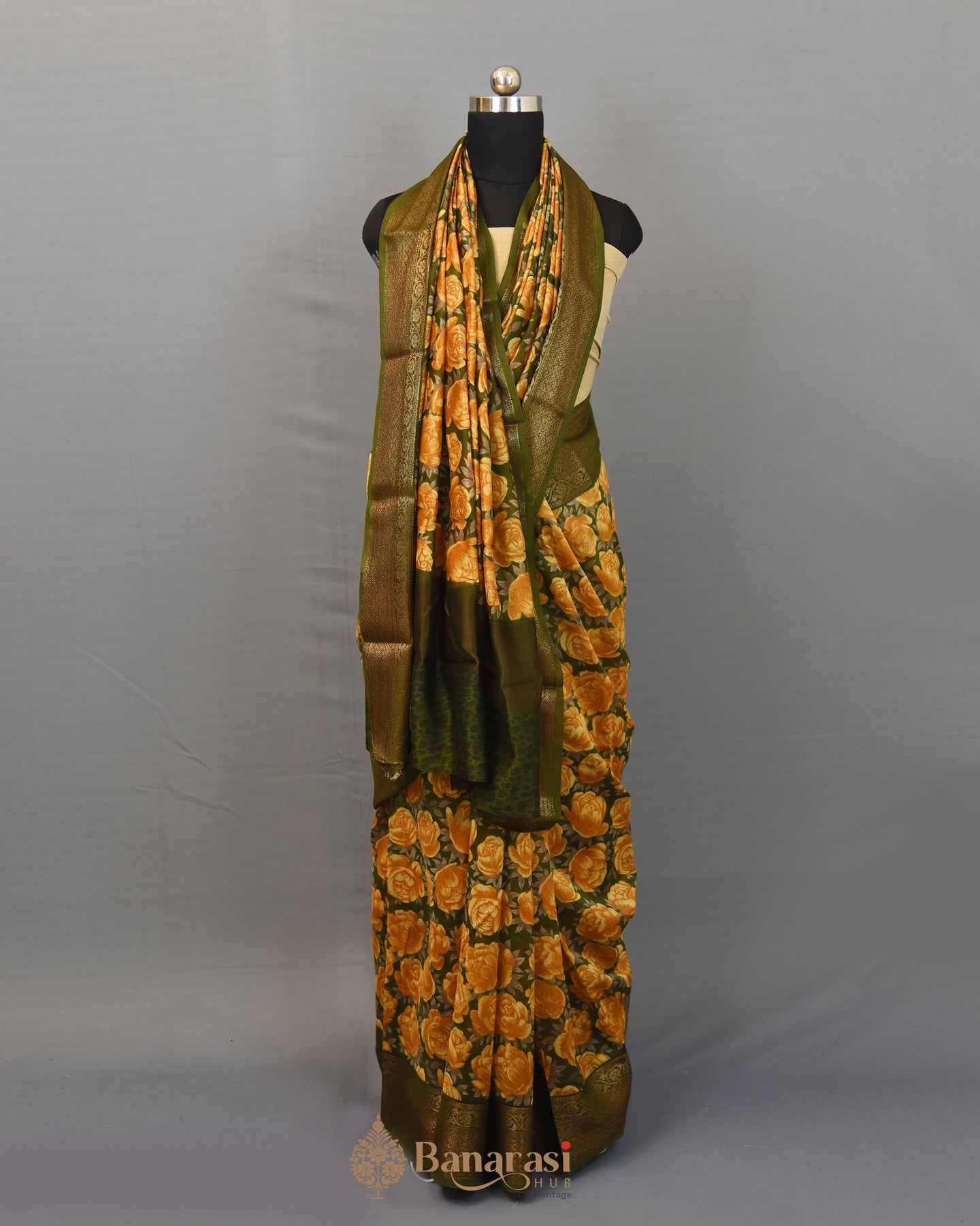 Mustard Green Floral Printed Chanderi Silk Saree