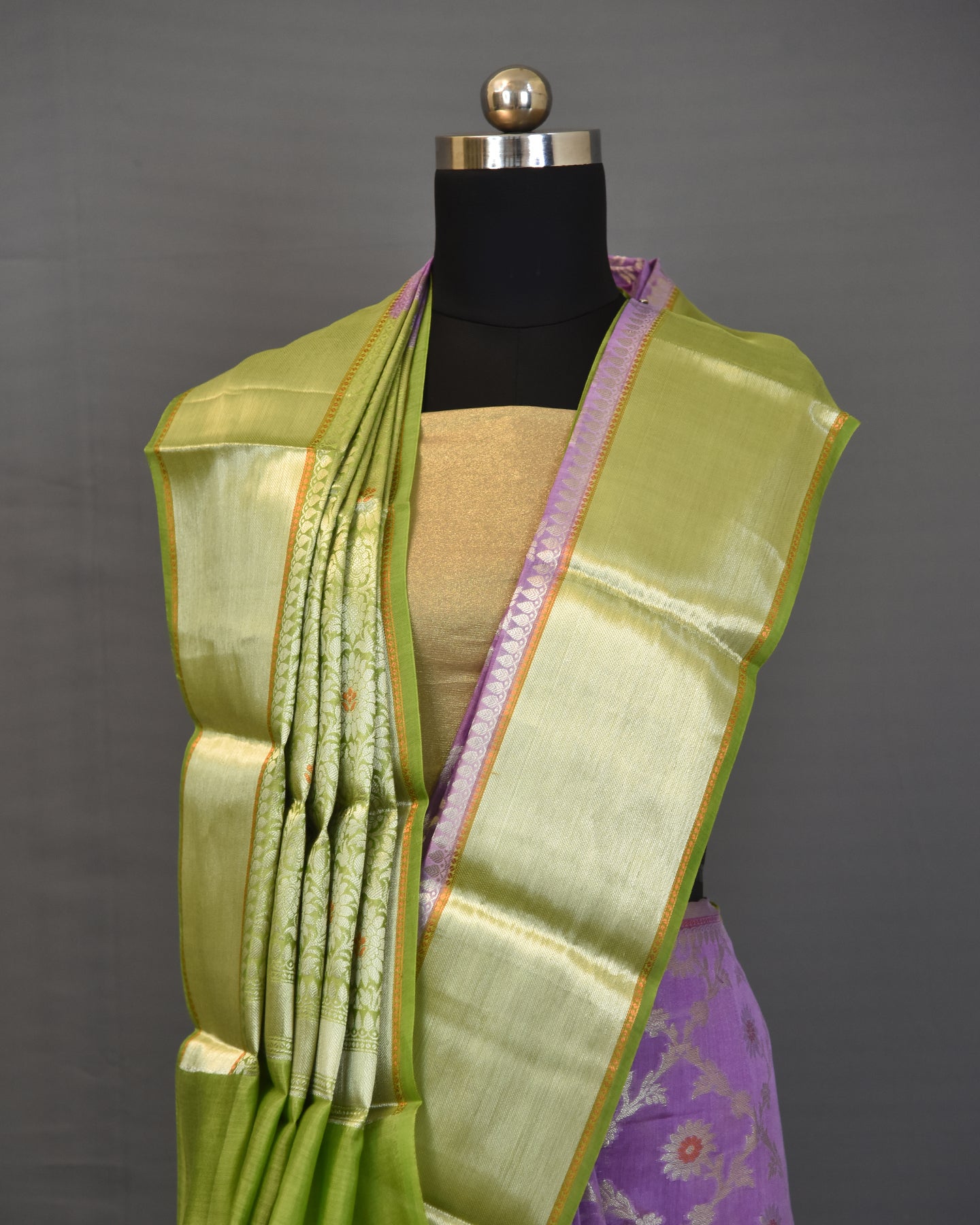 Mauve Silver and Golden Zari Weaving Chanderi Silk Saree