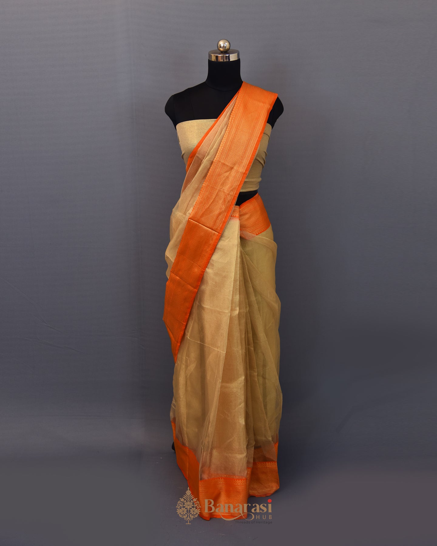 Water Gold Orange Border Tissue Banarasi Silk Saree