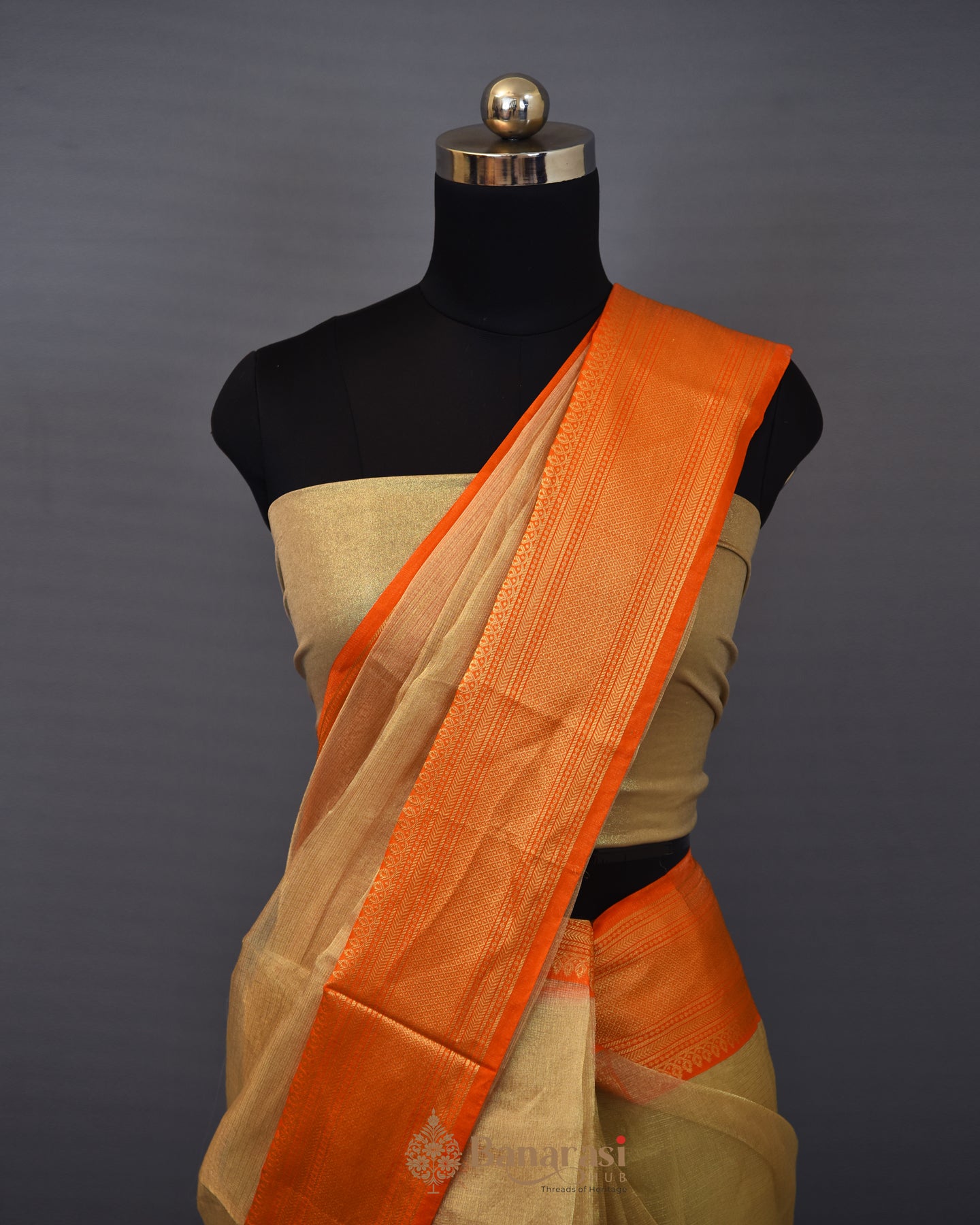 Water Gold Orange Border Tissue Banarasi Silk Saree