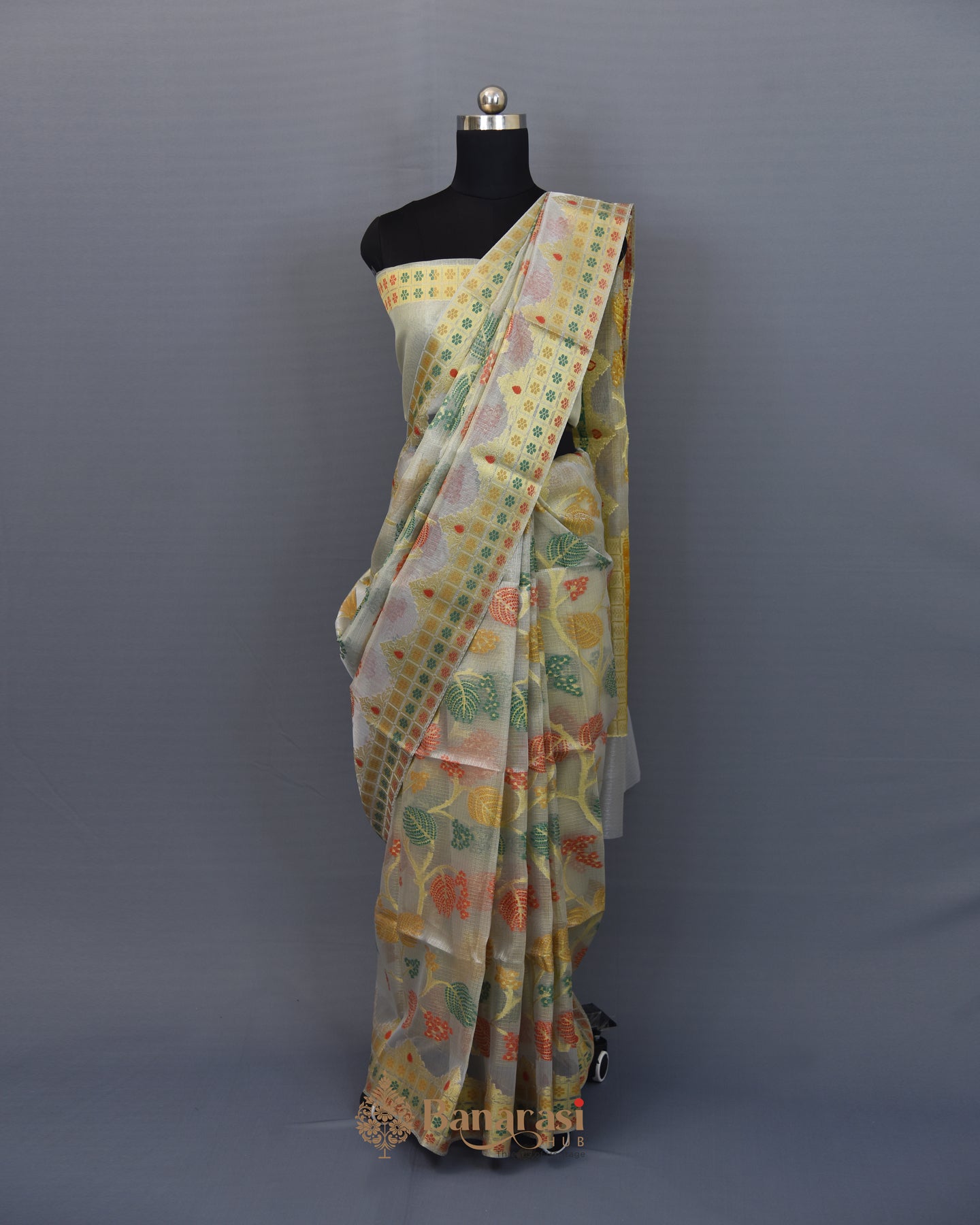 Metallic Silver Floral Tissue Fancy Banarasi Saree