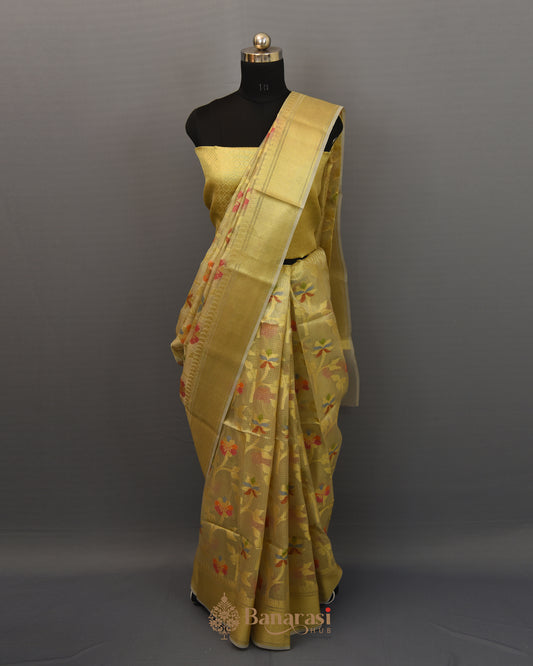 Metallic Golden Floral Tissue Fancy Banarasi Saree