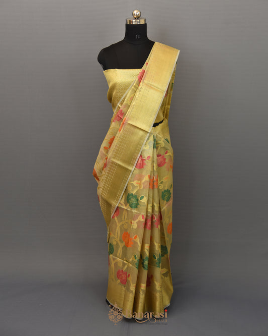 Metallic Golden Floral Tissue Fancy Banarasi Saree