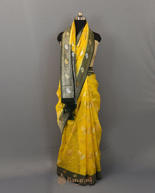 Chrome Yellow Silver Gold Zari Floral Weaving Fancy Banarasi Saree