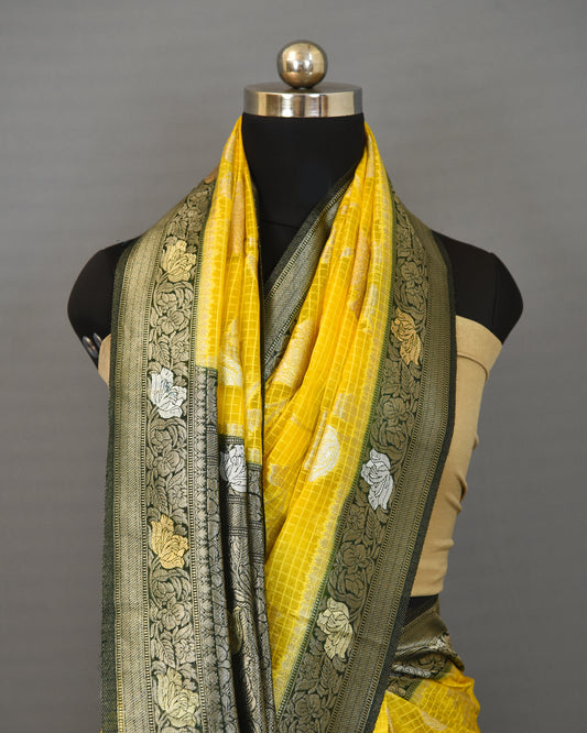 Chrome Yellow Silver Gold Zari Floral Weaving Fancy Banarasi Saree