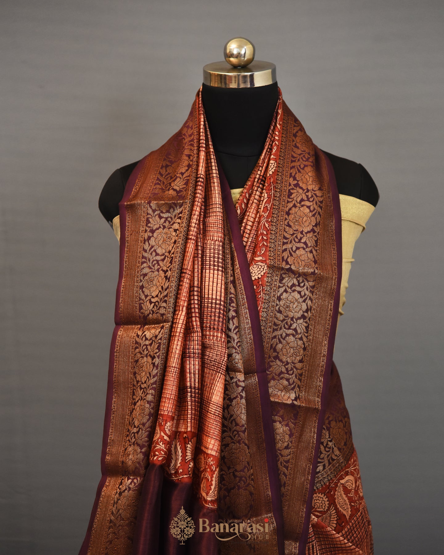 Peach Red Printed Chanderi Banarasi Silk