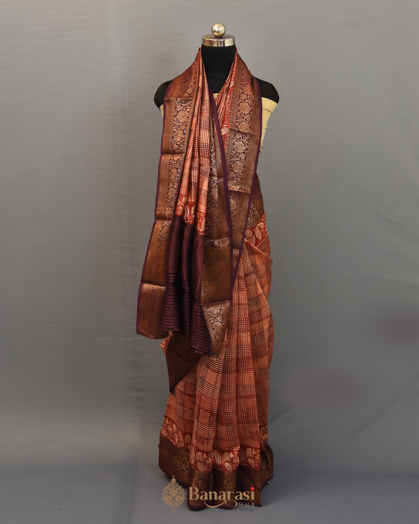 Peach Red Printed Chanderi Banarasi Silk