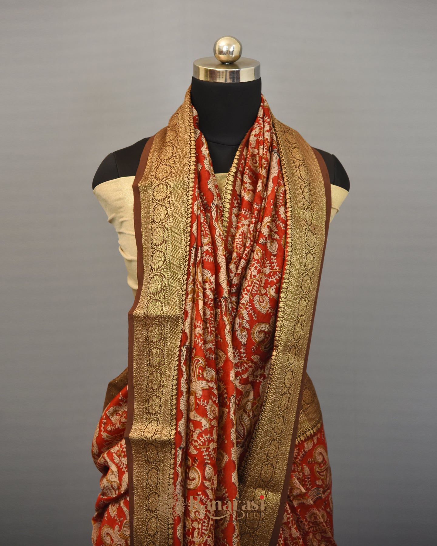 Red Kalamkari Print Chanderi Banarasi Silk