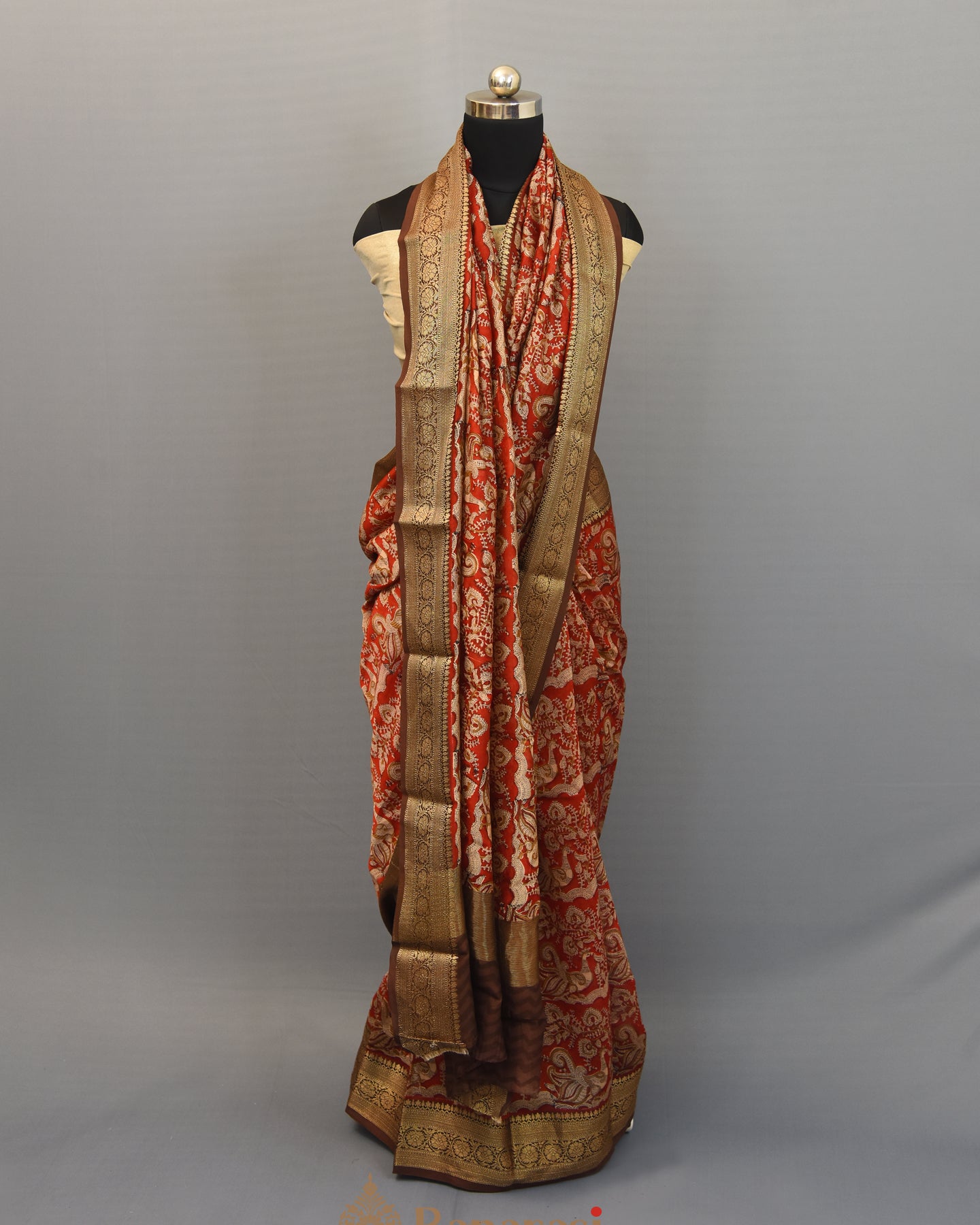 Red Kalamkari Print Chanderi Banarasi Silk