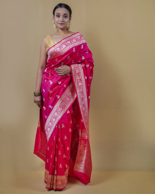 Ruby Pink Handwoven Katan Banarasi Silk Saree