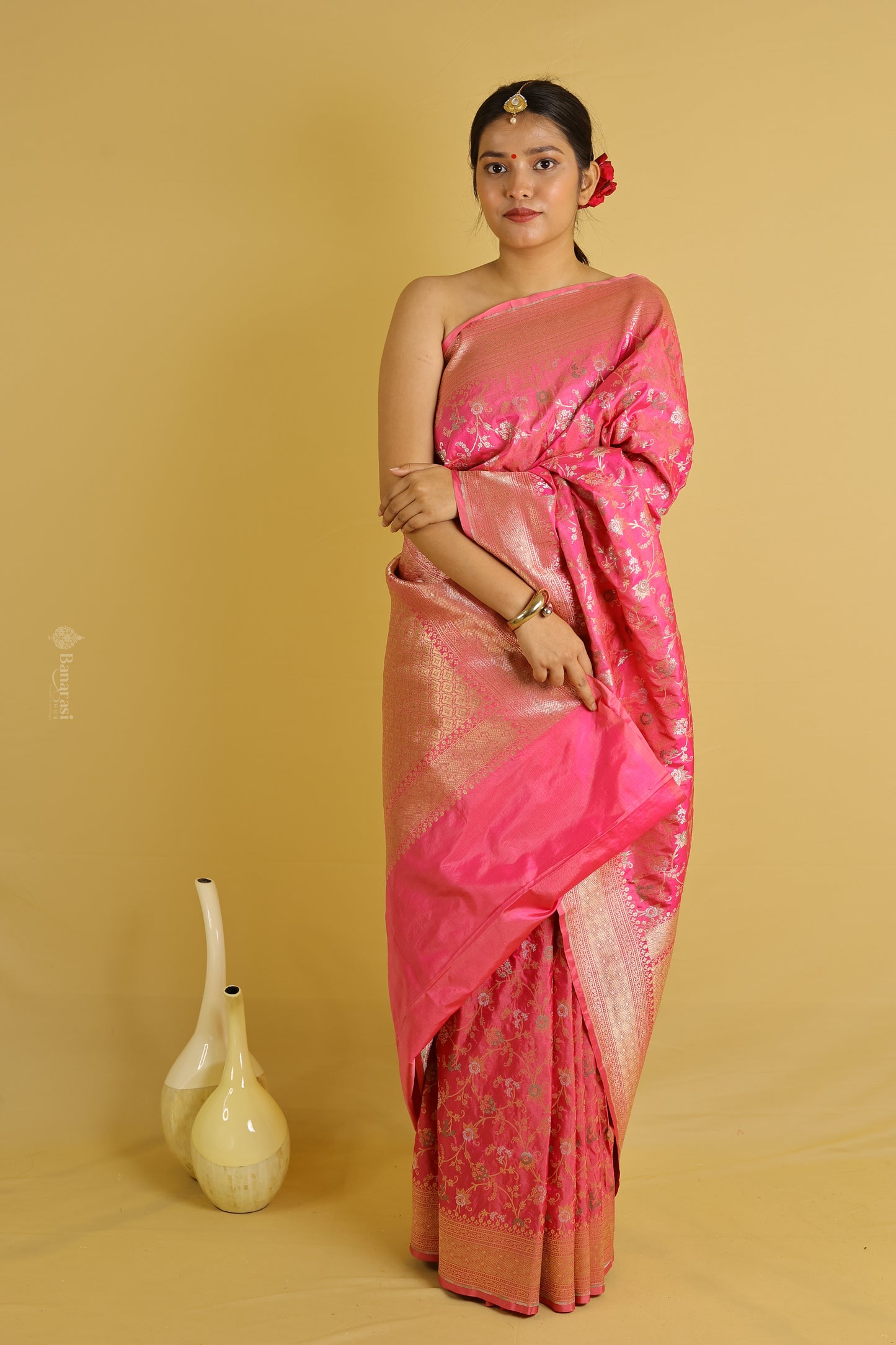 Pink Floral Jaal Katan Banarasi Silk Saree