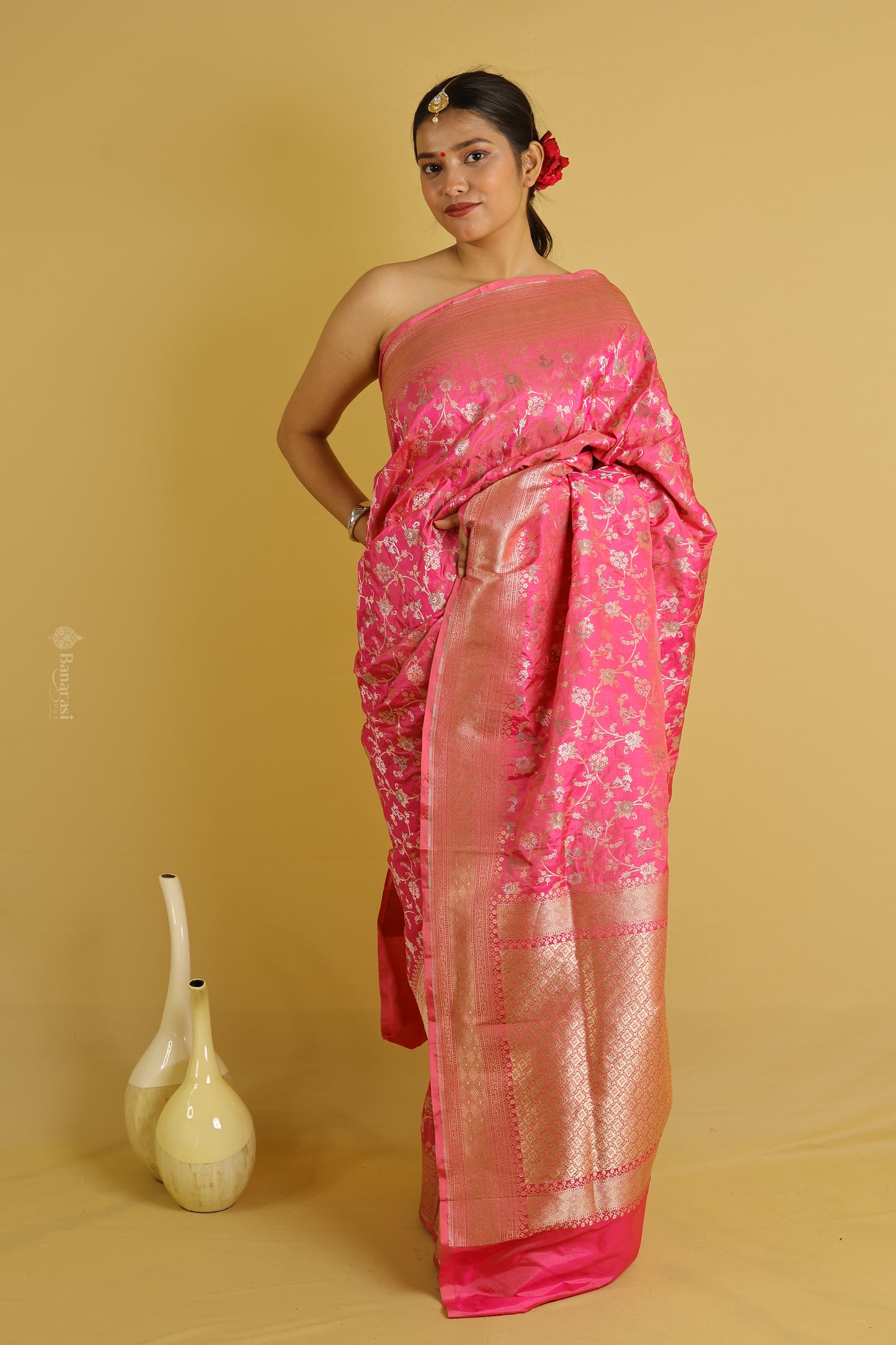 Pink Floral Jaal Katan Banarasi Silk Saree