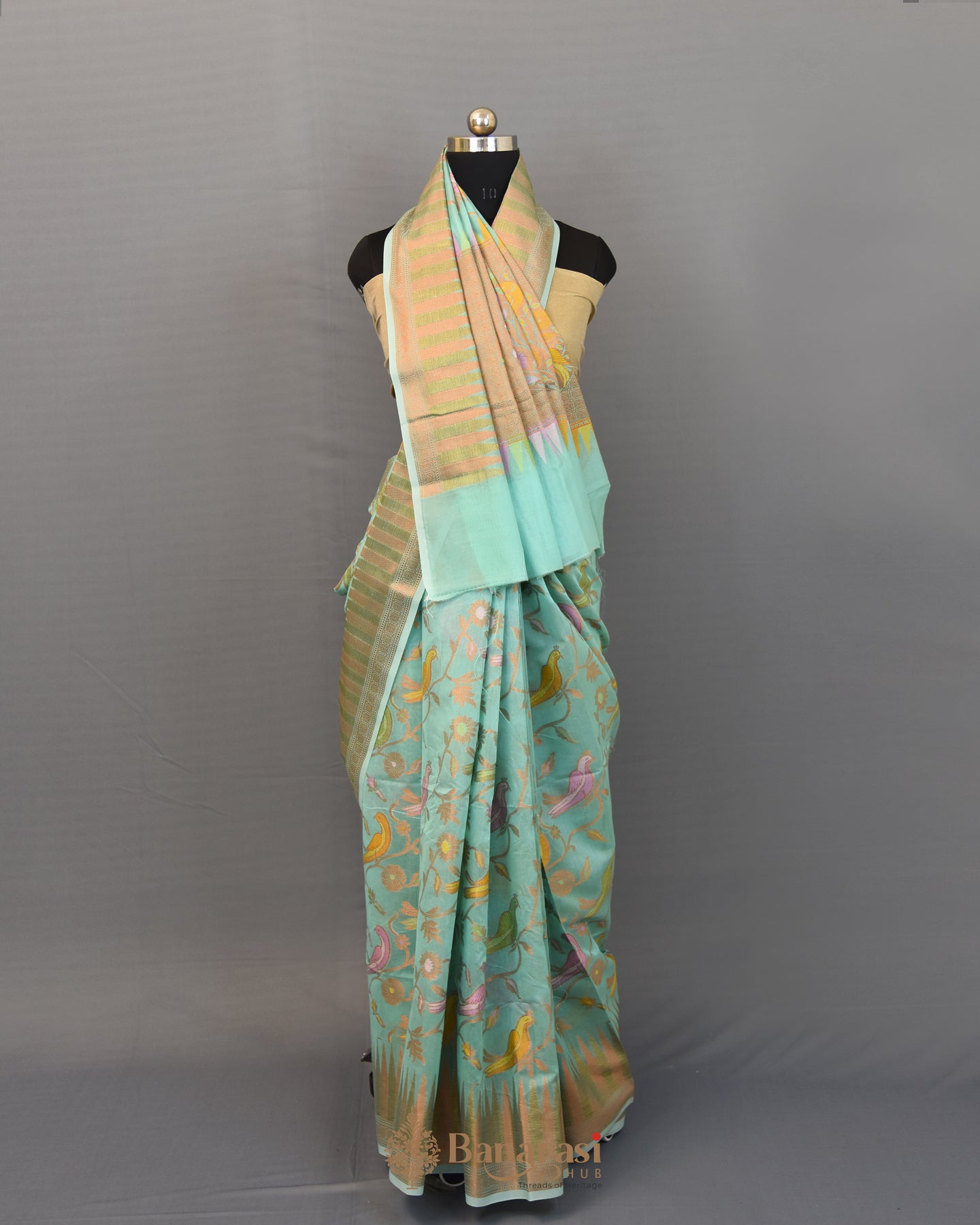 Turquoise Bird Weaving Woven Cotton Banarasi Saree