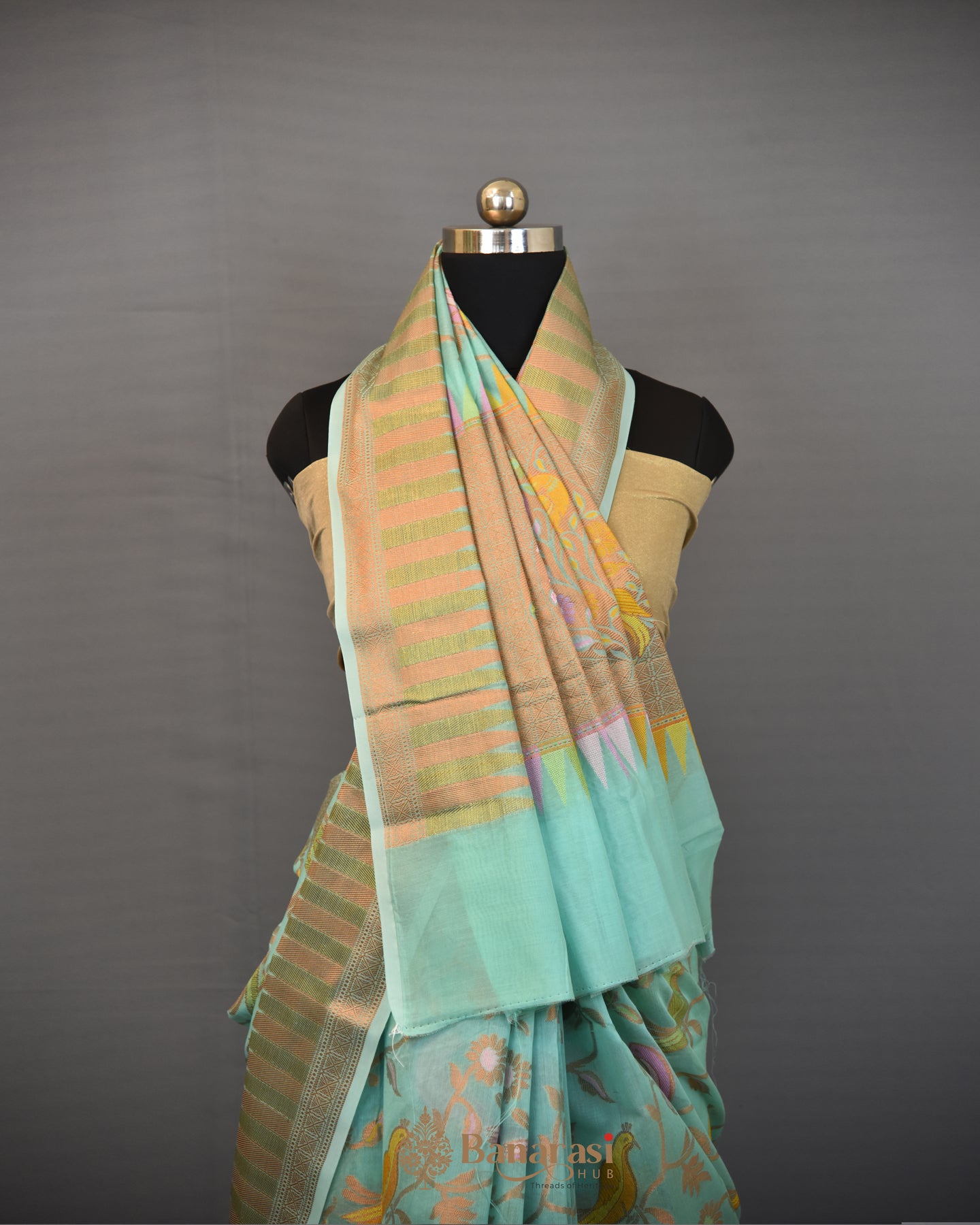 Turquoise Bird Weaving Woven Cotton Banarasi Saree