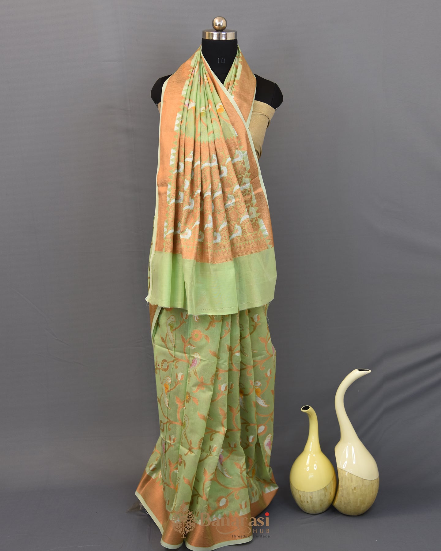 Pista Green Figure Weaving  Cotton Banarasi Saree