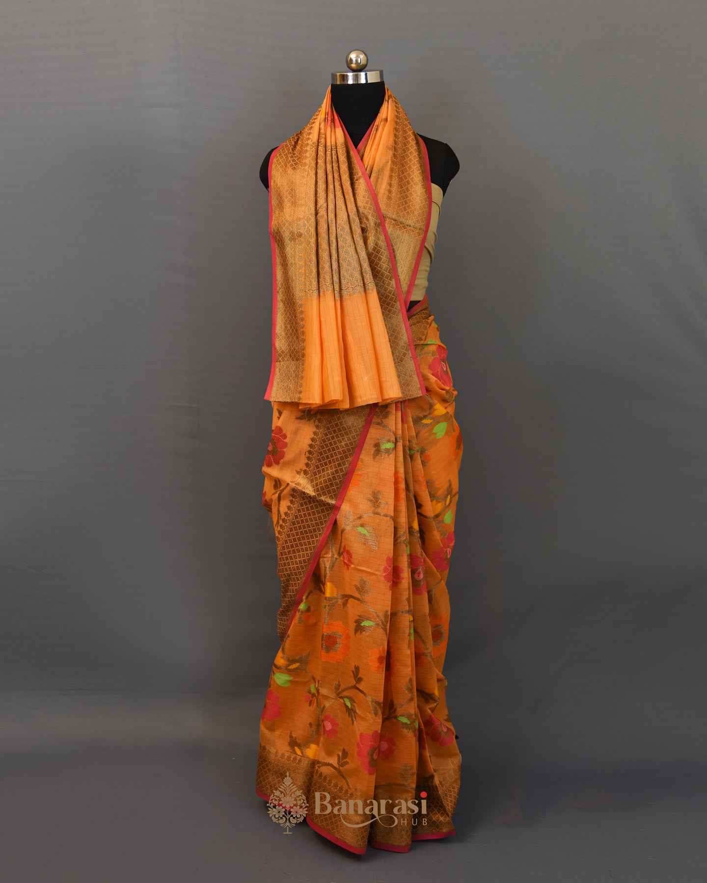 Orange Floral Weaving Cotton Banarasi Saree