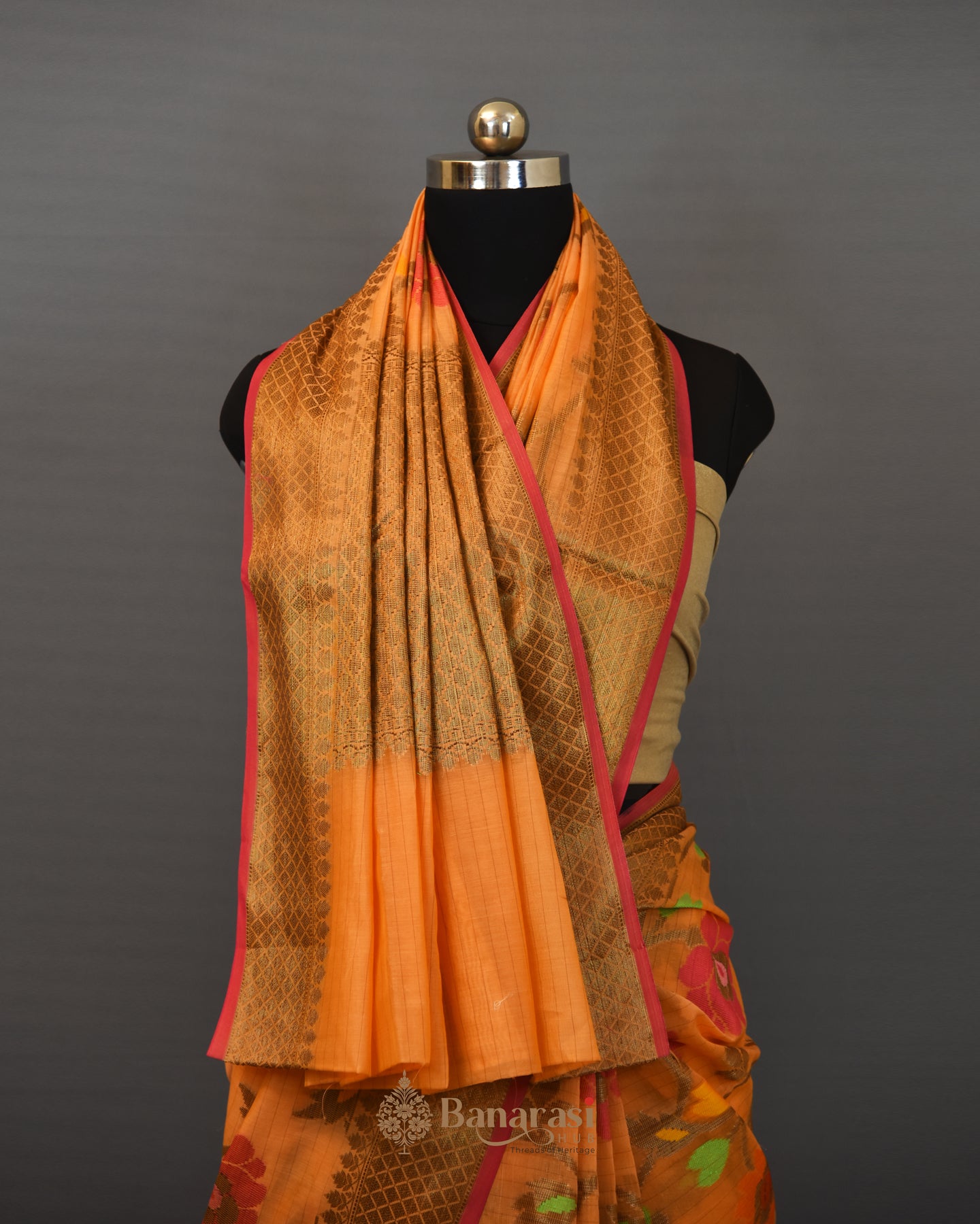 Orange Floral Weaving Cotton Banarasi Saree