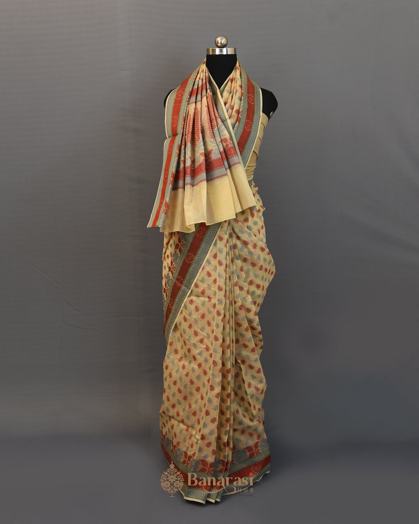 Beige Kota Check Weaving Cotton Banarasi Saree