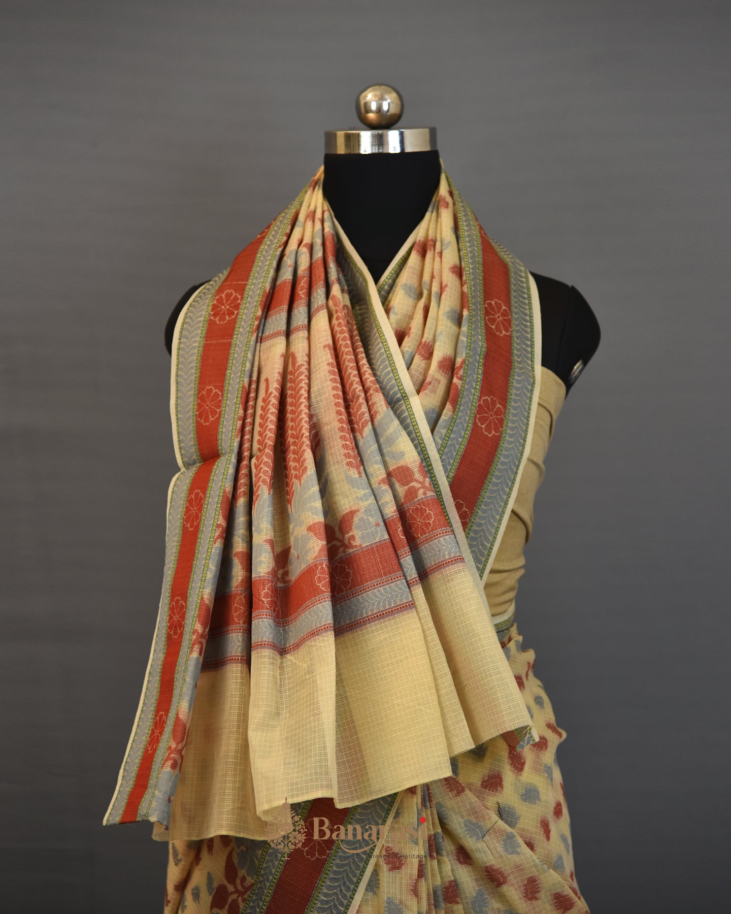 Beige Kota Check Weaving Cotton Banarasi Saree