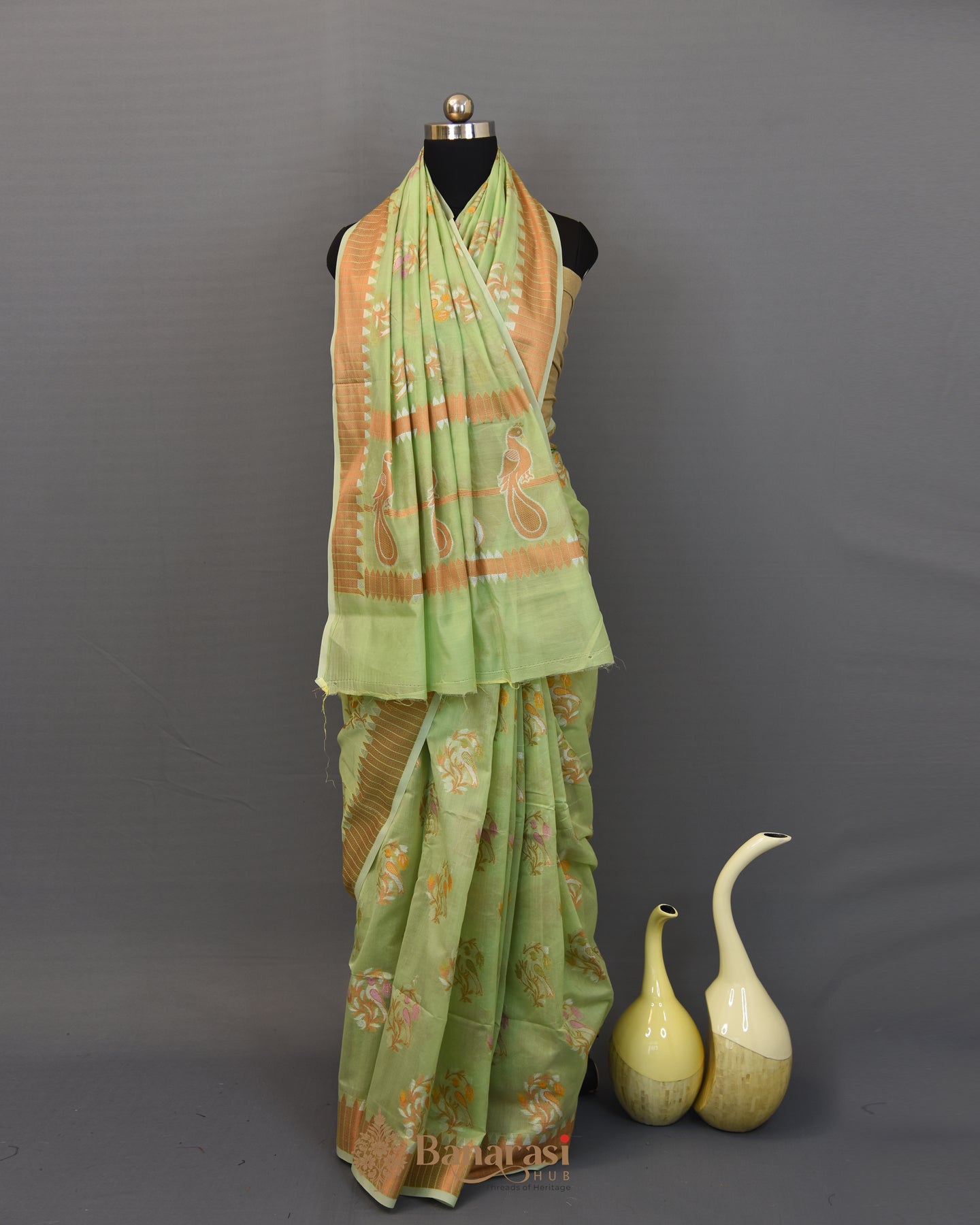 Pista Green Woven Cotton Banarasi Saree