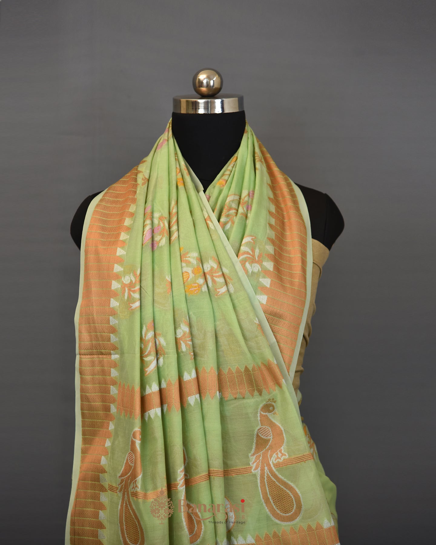 Pista Green Woven Cotton Banarasi Saree