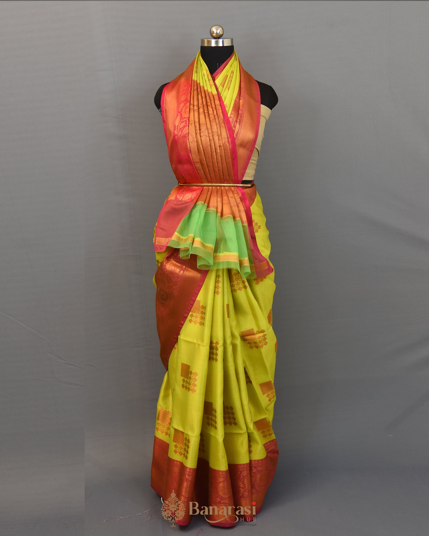 Lemon Yellow Woven kora Tanchoi Banarasi Saree