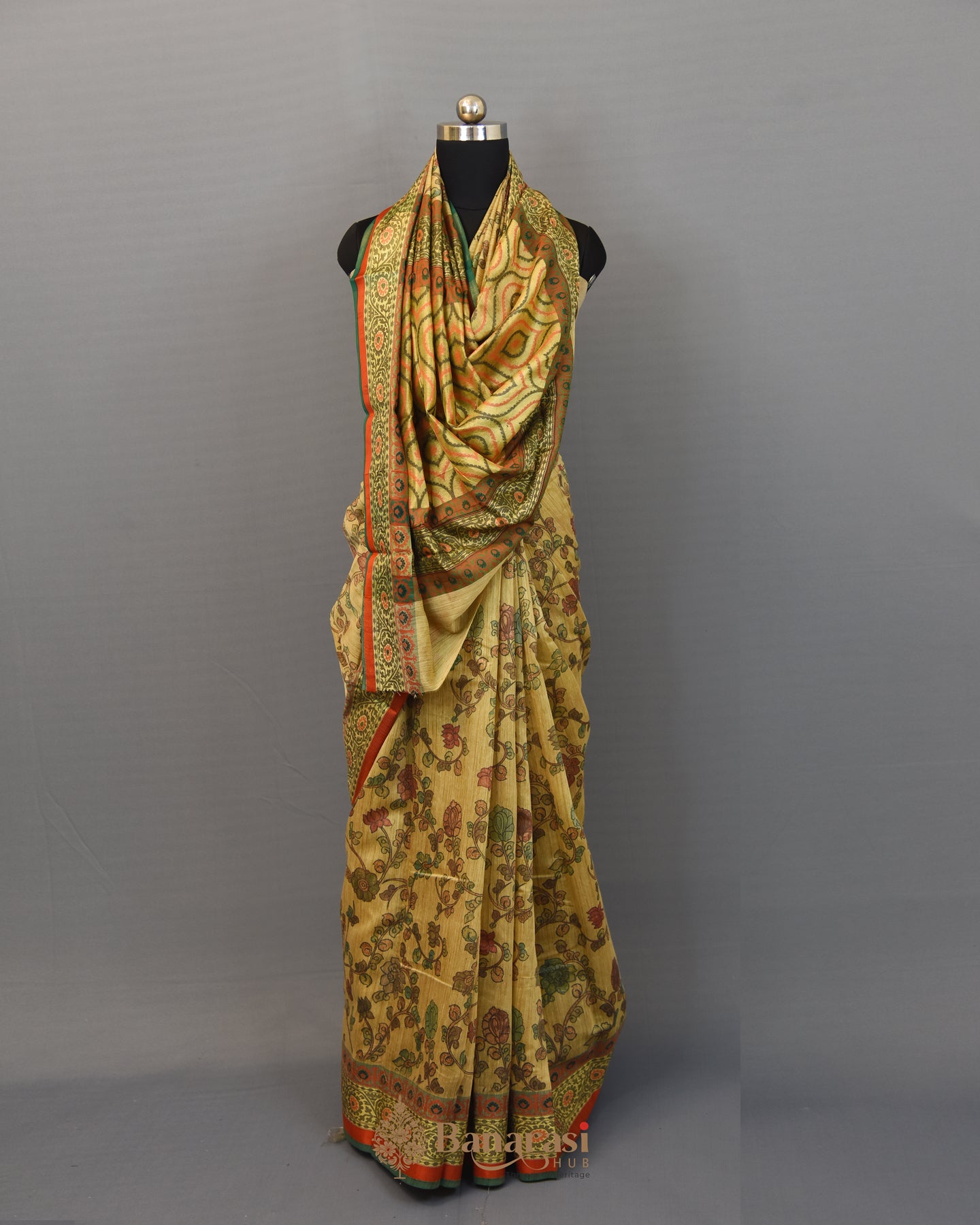 Khicha Tussar Kalamkari Fancy Banarasi Saree