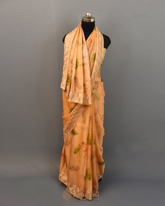 Peach Floral Soft Kora Fancy Banarasi Saree