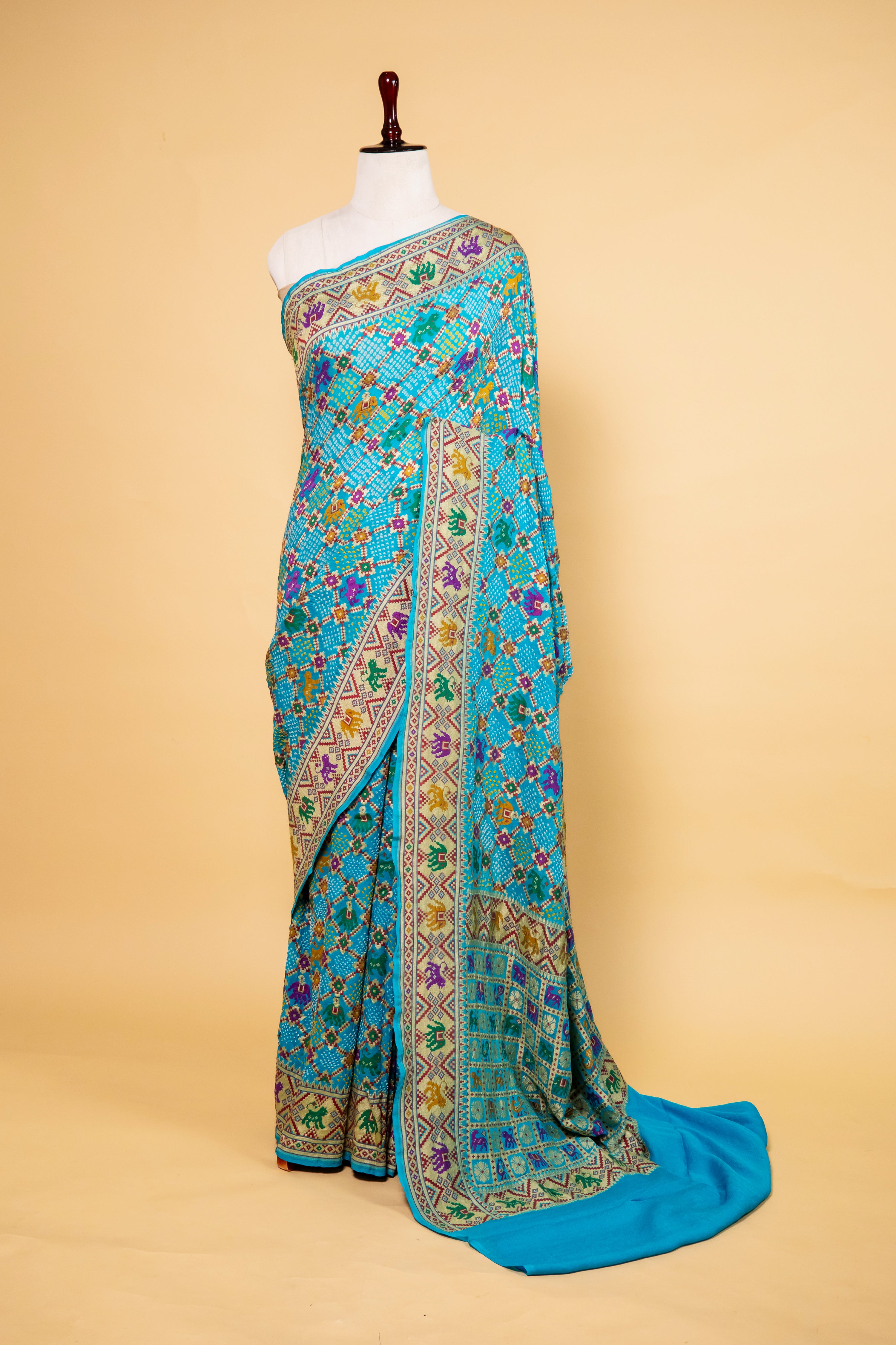 Sky Blue Ghatchola Bandhani Georgette Silk Saree