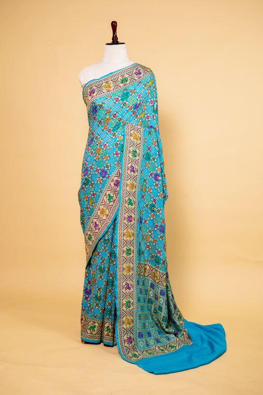 Sky Blue Ghatchola Bandhani Georgette Silk Saree