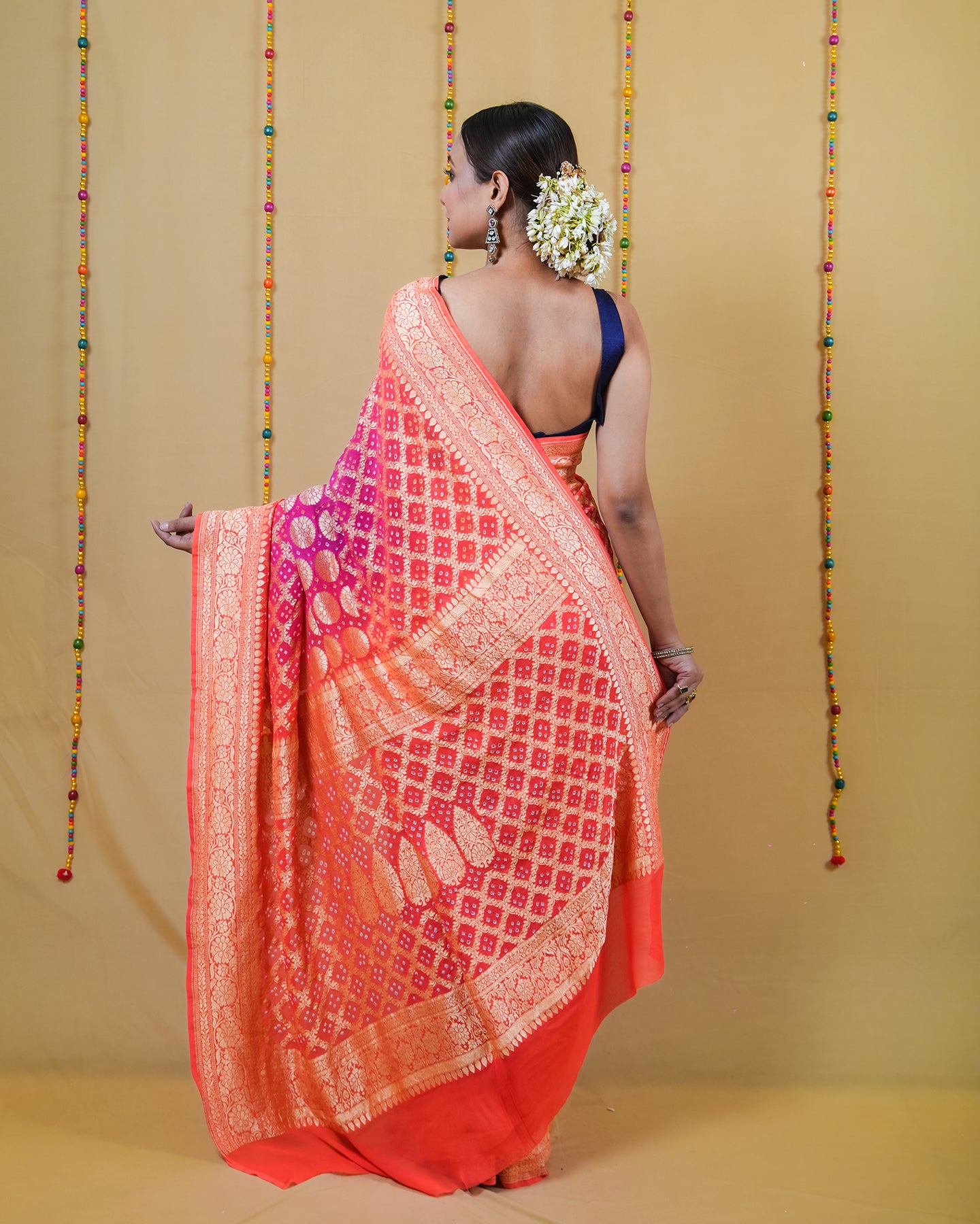 Orange Rani Zari Woven Georgette Bandhani Silk Saree