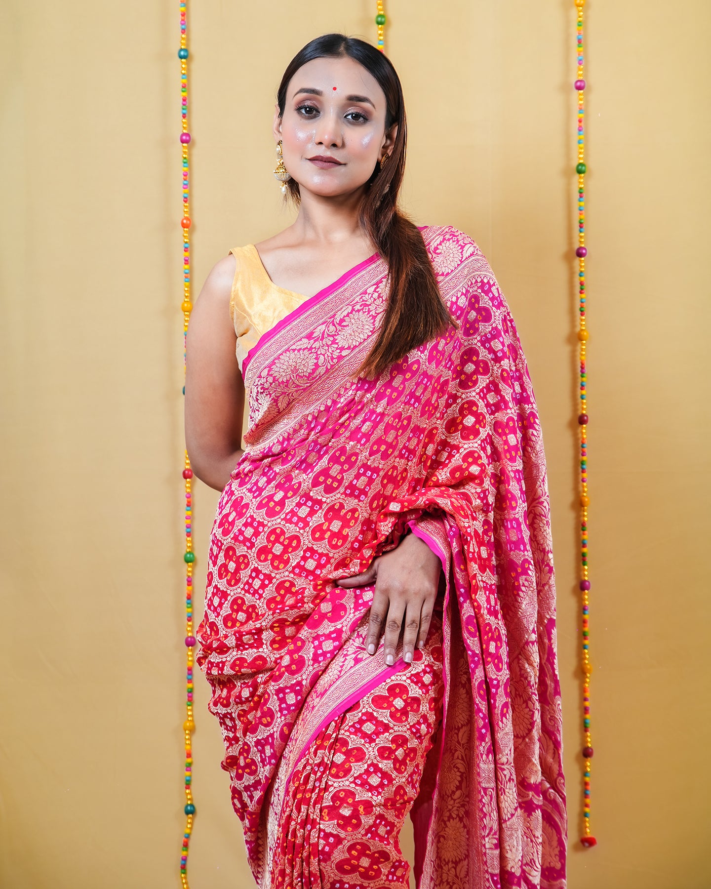 Red Rani Zari Woven Georgette Bandhani Silk Saree