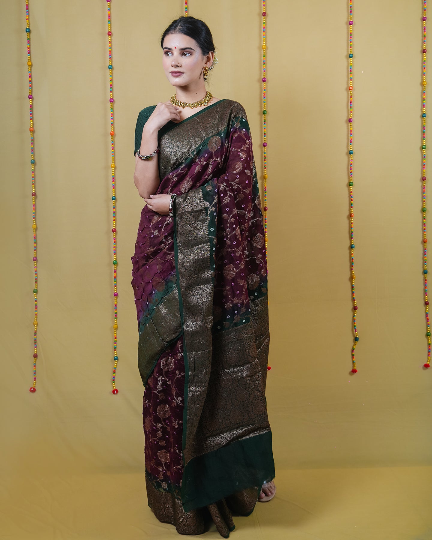 Wine and Bottle Green Chanderi Bandhani Silk Saree