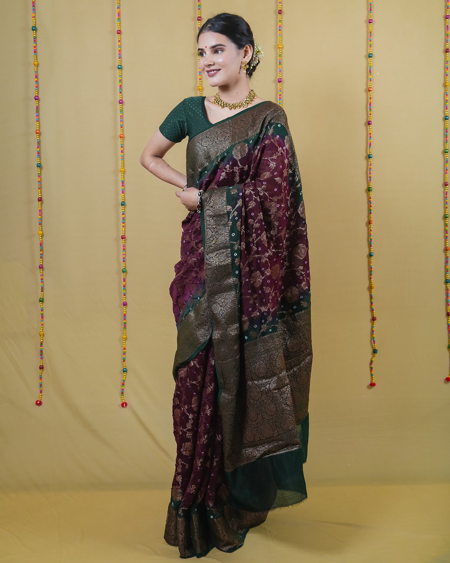 Wine and Bottle Green Chanderi Bandhani Silk Saree