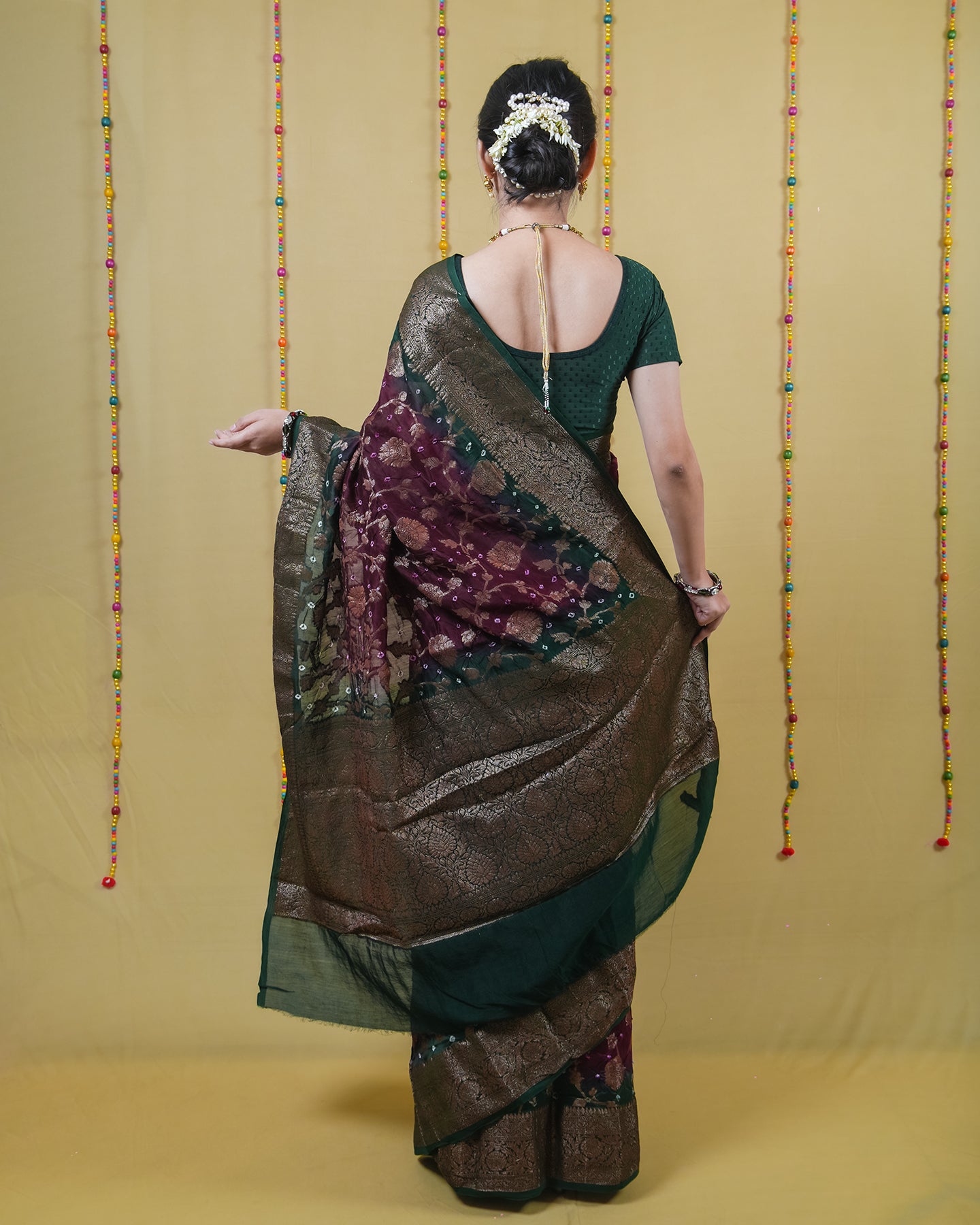 Wine and Bottle Green Chanderi Bandhani Silk Saree