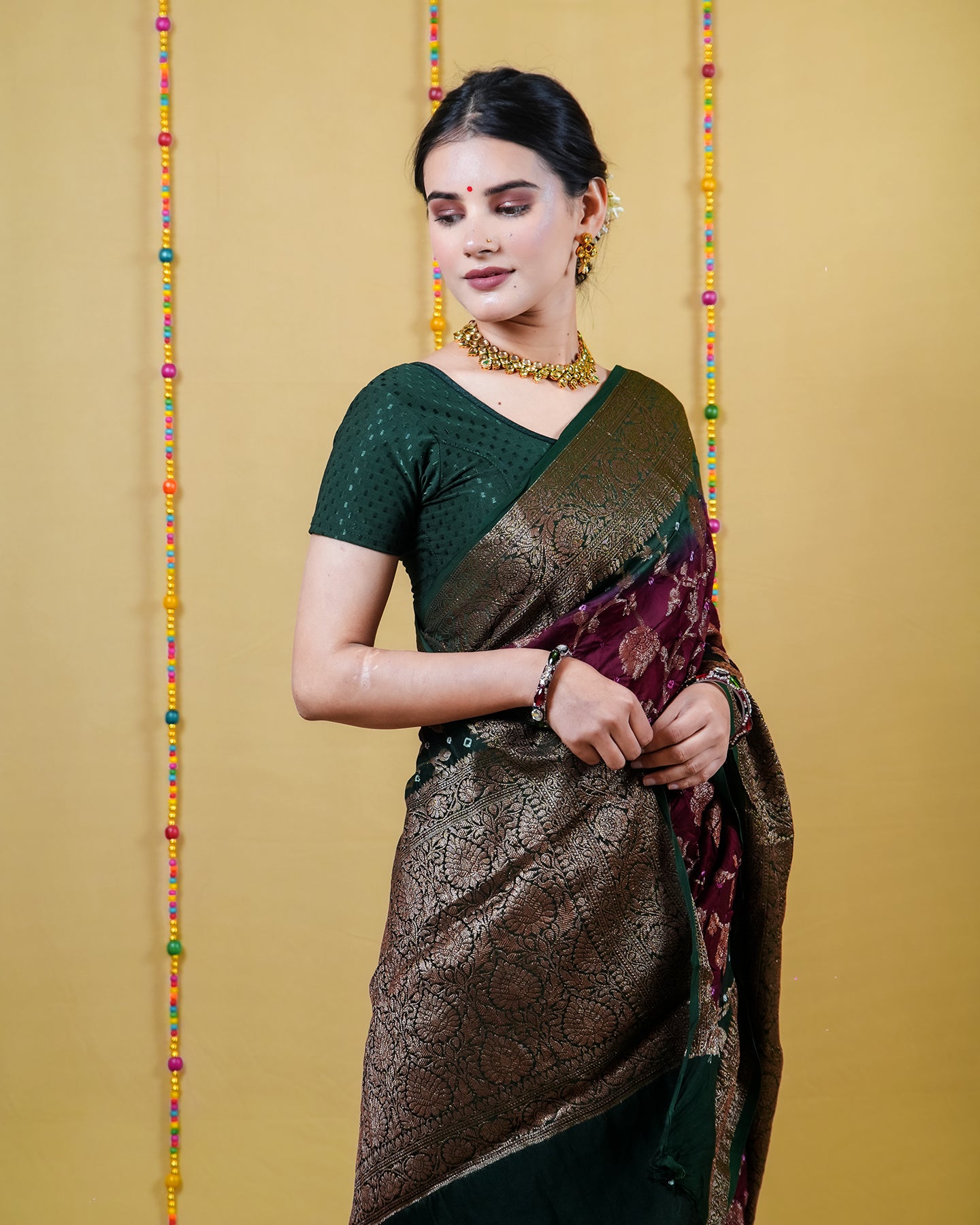 Wine and Bottle Green Chanderi Bandhani Silk Saree