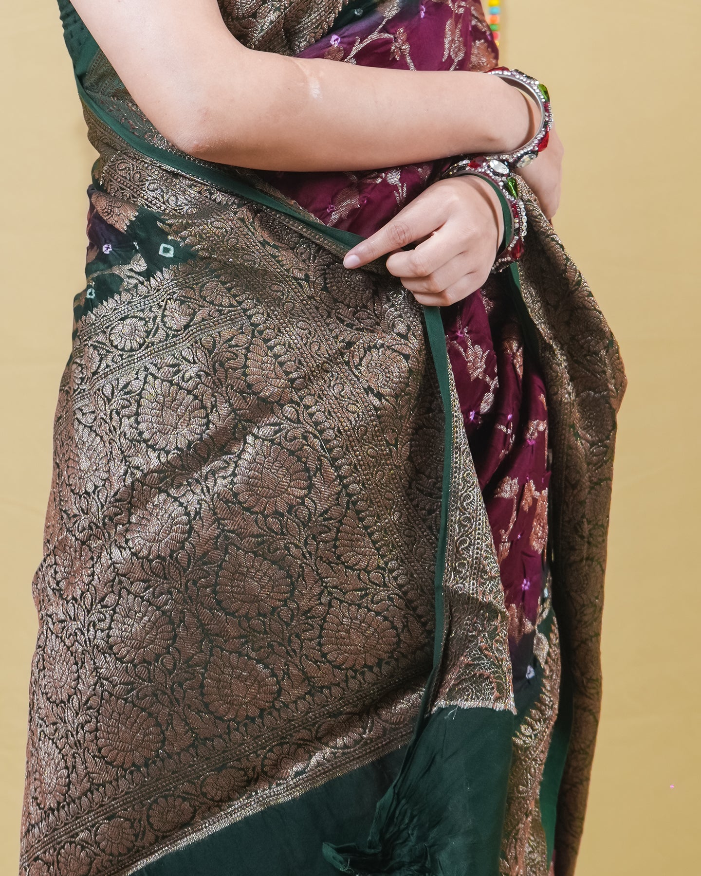 Wine and Bottle Green Chanderi Bandhani Silk Saree