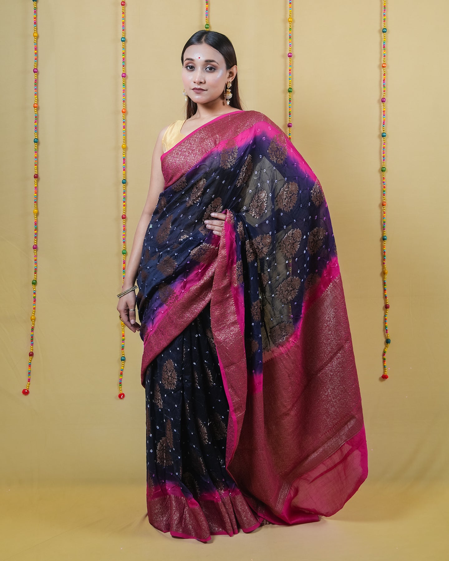 Navy and Rani Chanderi Bandhani Silk Saree