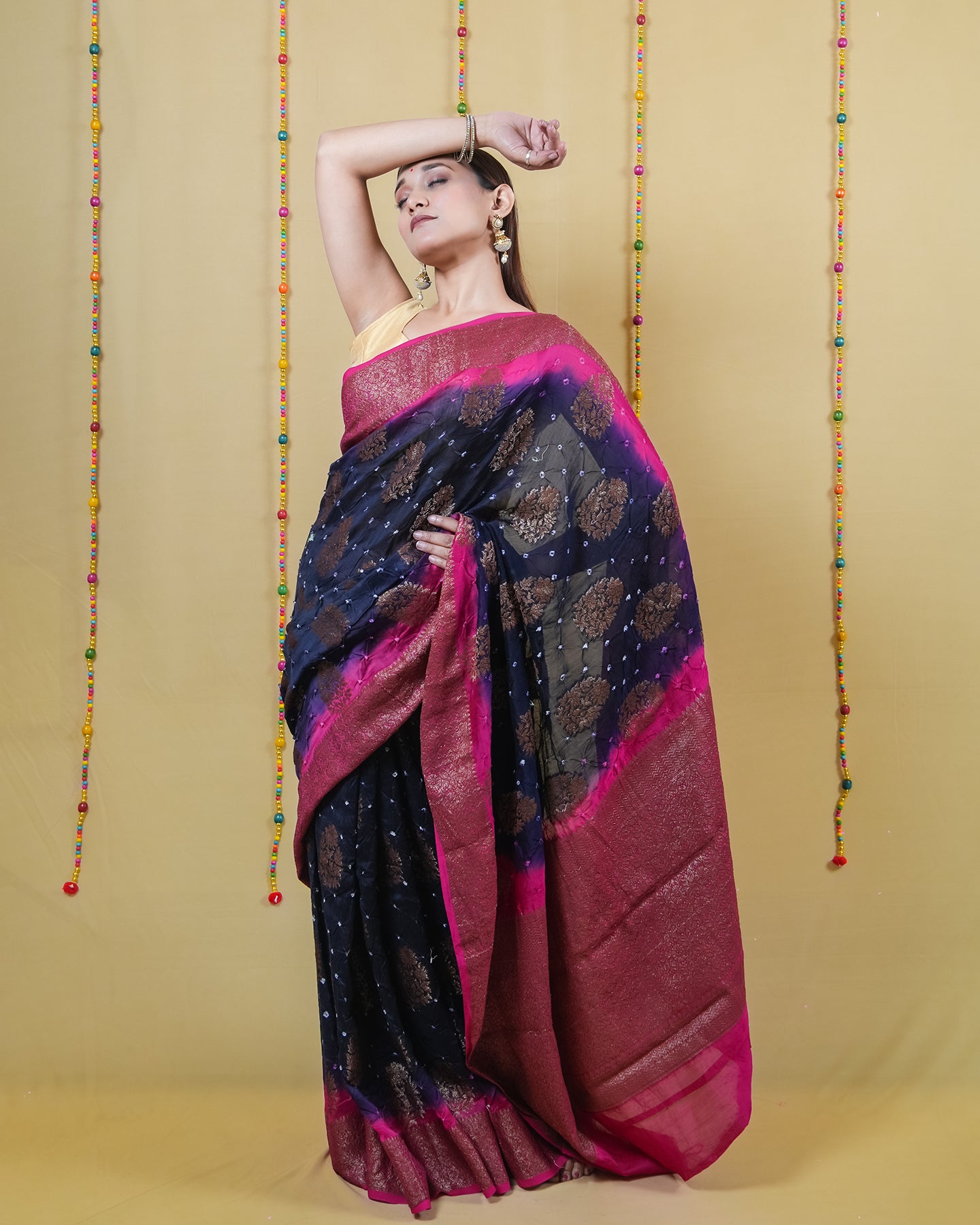 Navy and Rani Chanderi Bandhani Silk Saree