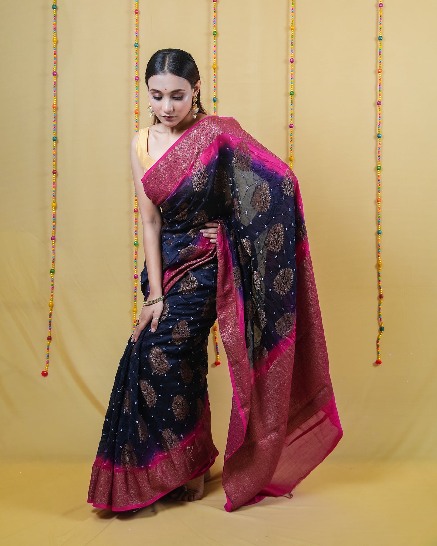 Navy and Rani Chanderi Bandhani Silk Saree