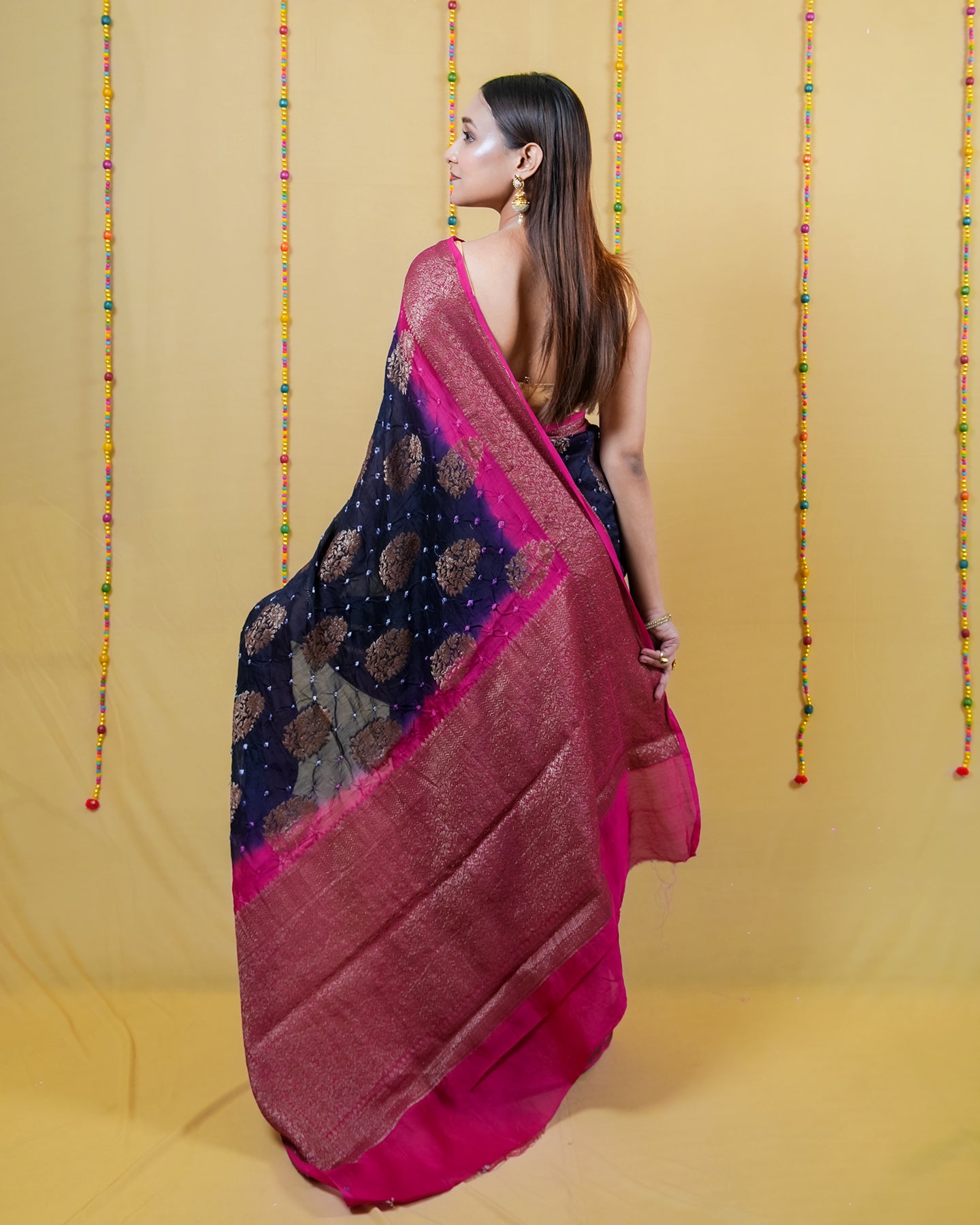 Navy and Rani Chanderi Bandhani Silk Saree