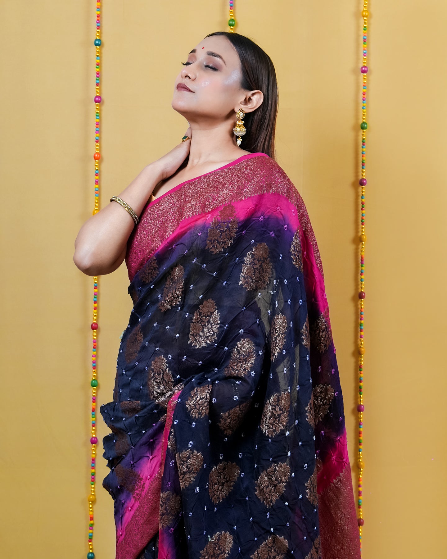 Navy and Rani Chanderi Bandhani Silk Saree